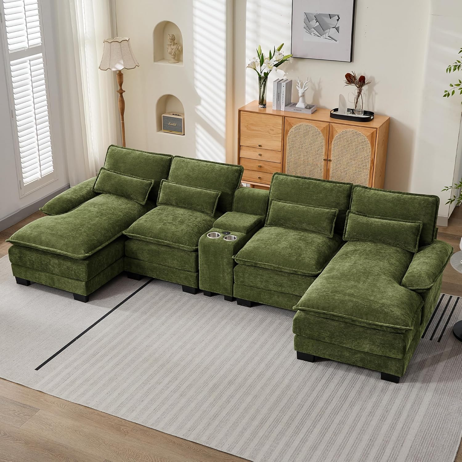 125" U Shaped Sectional Sofa with Storage Console, Cup Holders & USB Ports, Small Modular Cloud Couch with Deep Seats, Modern Comfy Living Room Sofa for Apartment, Chenille Green