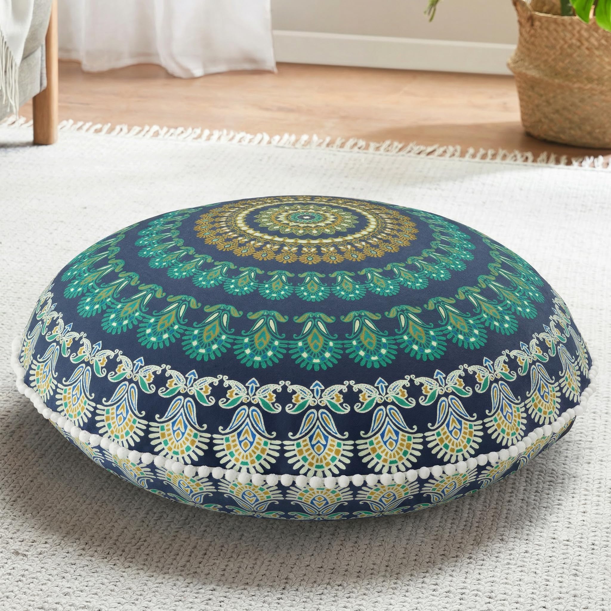 Codi Meditation Floor Pillow, Round Large Pillows Seating for Adults, Bohemian Mandala Circle Cushion for Outdoor Fireplace Yoga Living Room, 32 Inch, Memory Foam Added, Green
