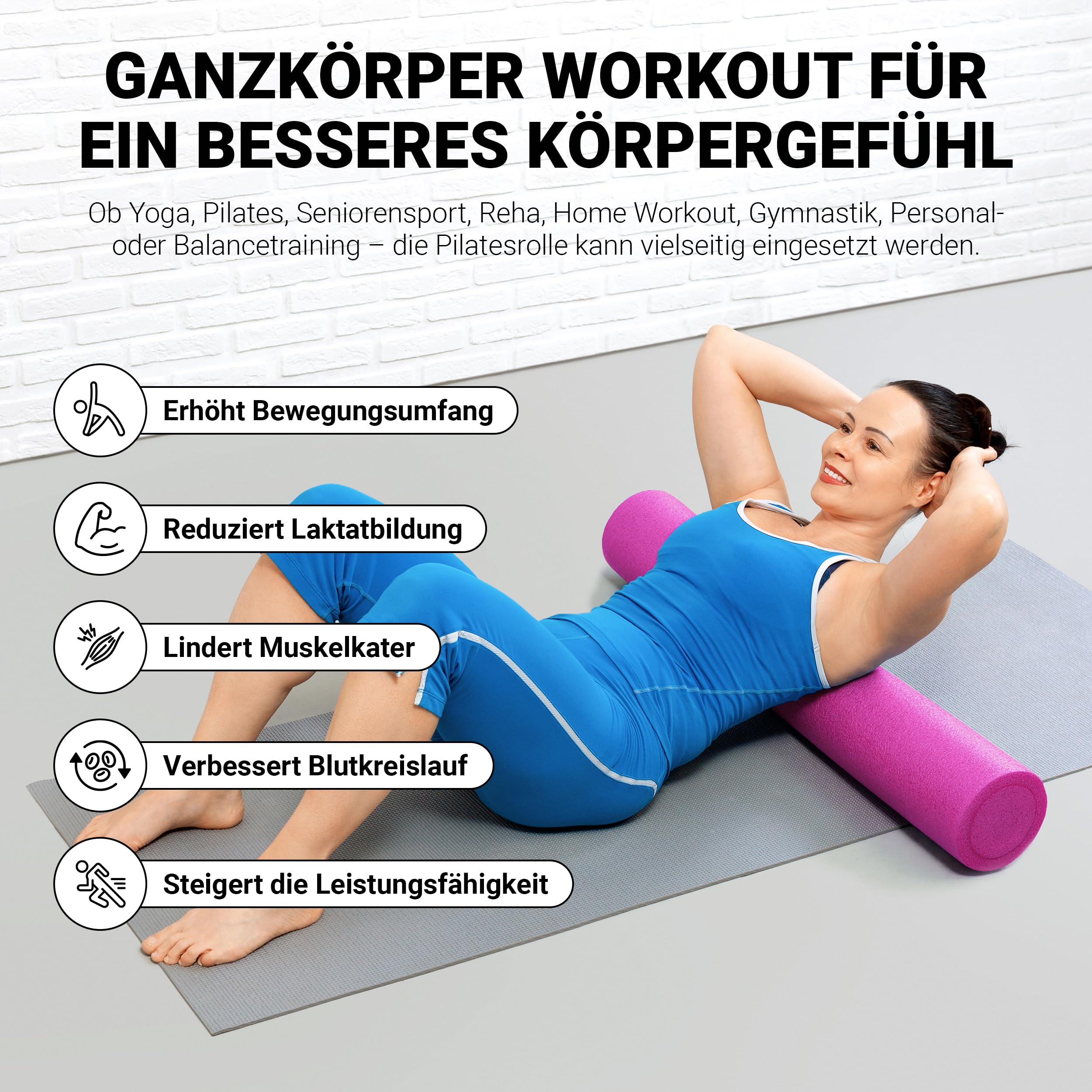 Yoga Rolle Premium | Pilates Rolle - 45 x 15 cm oder 90 x 15 cm - Faszienrolle (Pastellpink, 45 x 15 cm)