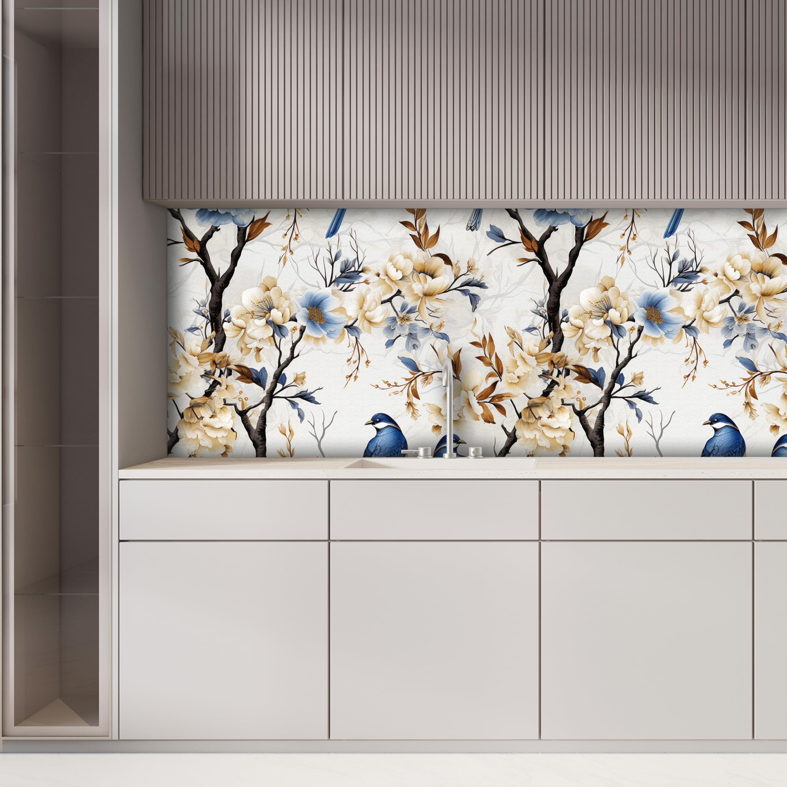 Papel pintado autoadhesivo floral, 44 x 600 cm Papel pintado autoadhesivo de pájaros y flores, papel de pared de despegar y pegar, flores de pájaro azul, hojas, árbol, autoadhesivo, envoltorio de