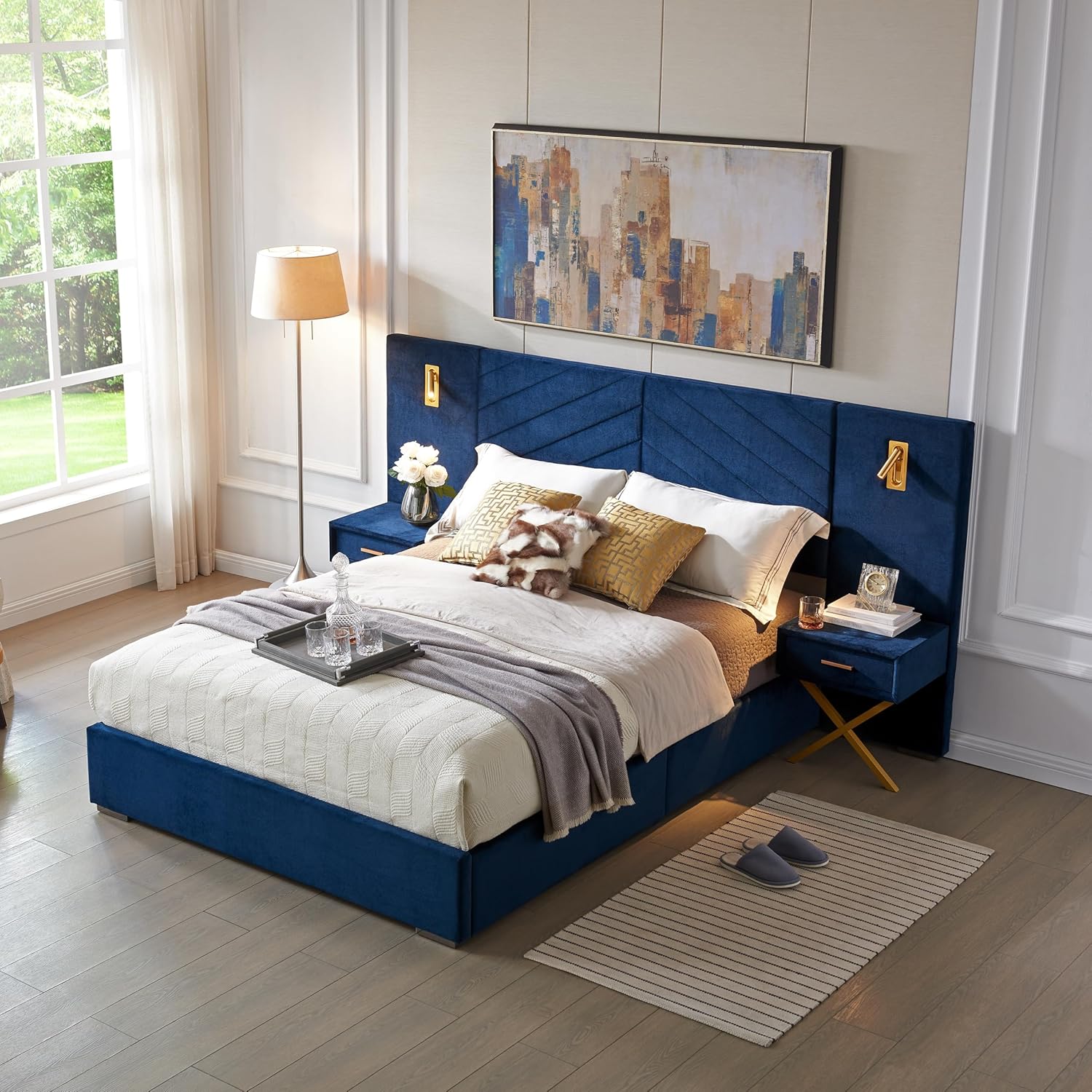 KEIKI King Size Velvet Bed Frame with LED Light Headboard, Wingback Upholstered Platform Bed High Off Ground with 2 Nightstands and Strong Wooden Slats, Blue