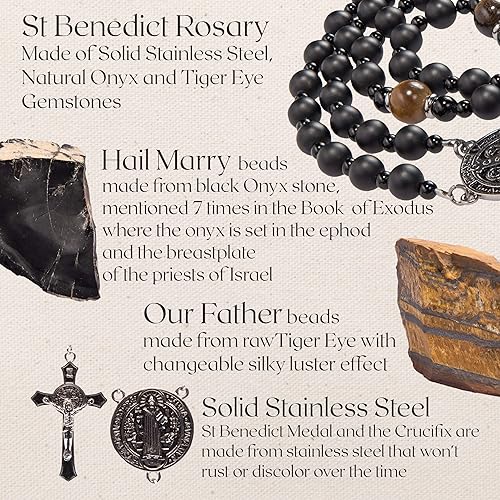 Miniatura 3 de Rosario negro de San Benito con cuentas católicas Rosario de ónix resistente Rosario antiguo de piedra hecha a mano con crucifijo de San Benito y