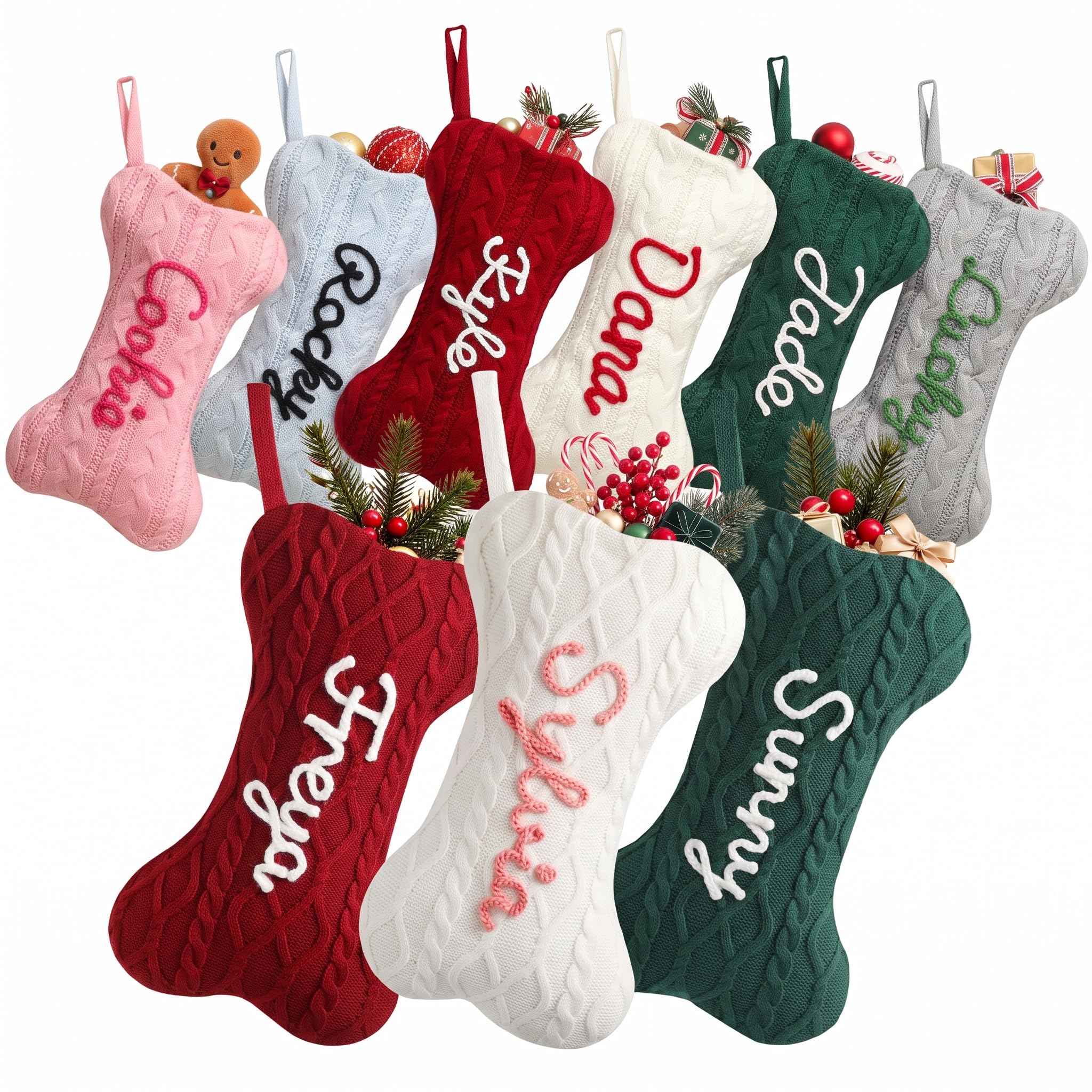 Personalised Dog Christmas Stockings with Name, 15.75" Large Custom Bone Shape Knit Christmas Stocking for Dogs Cats, 9 Pack Pets Xmas Stocking Hanging for Family Holiday Fireplace Decor Pet Gifts