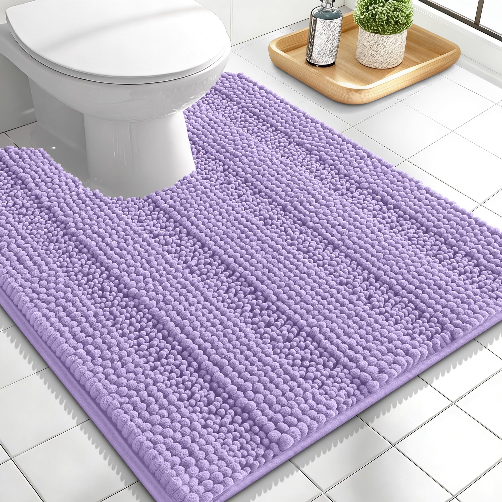 OLANLY Thick Toilet Rugs U-Shaped 24x20, Soft Chenille Bath Mat, Lavender