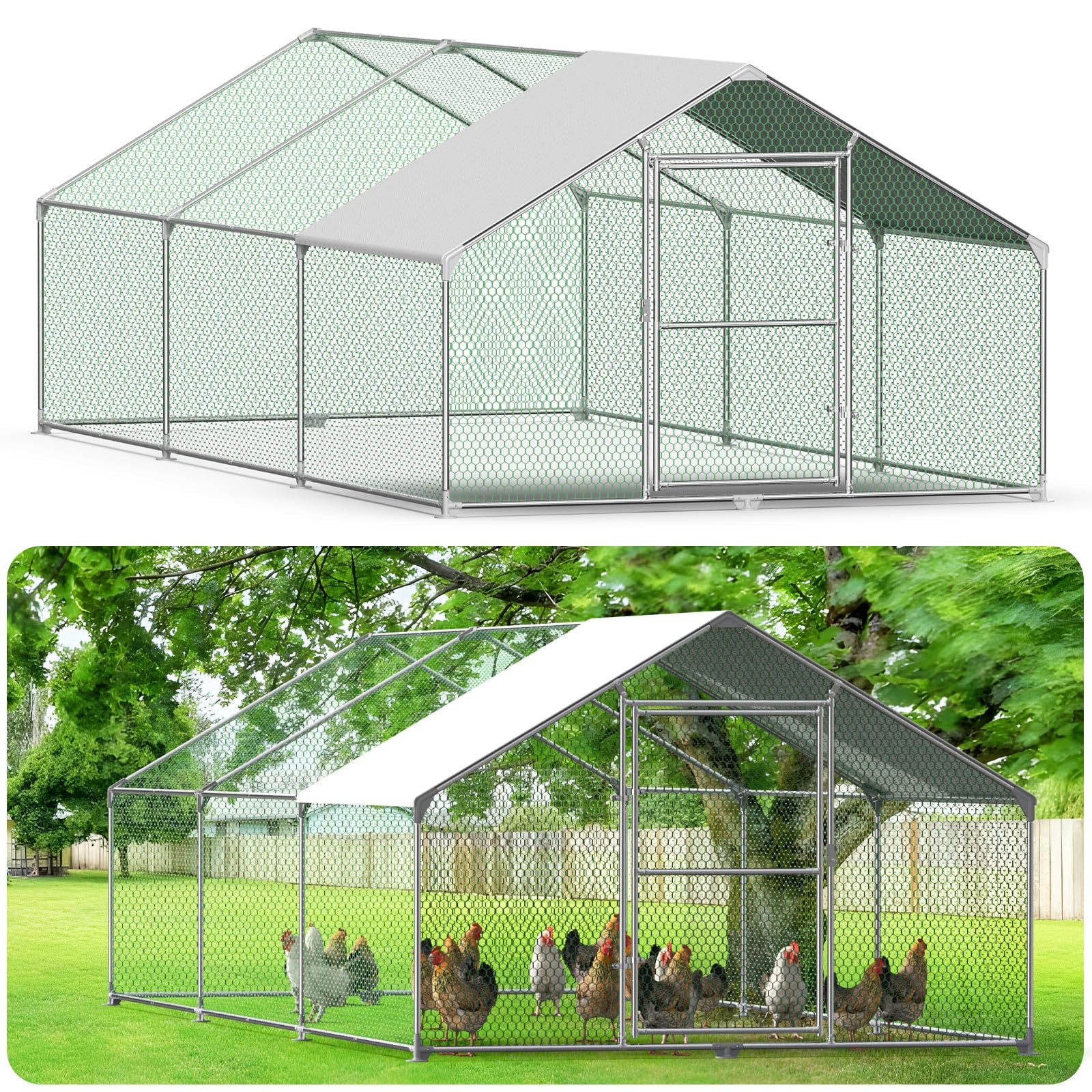 Pollaio per Galline da Esterno, Mangiatoia per Galline Rete per Pollaio con Serratura Gabbia in Metallo Zincato Tetto Ombreggiante Rivestito in PVC per Polli Conigli Piccoli Animali, 6x3x2m