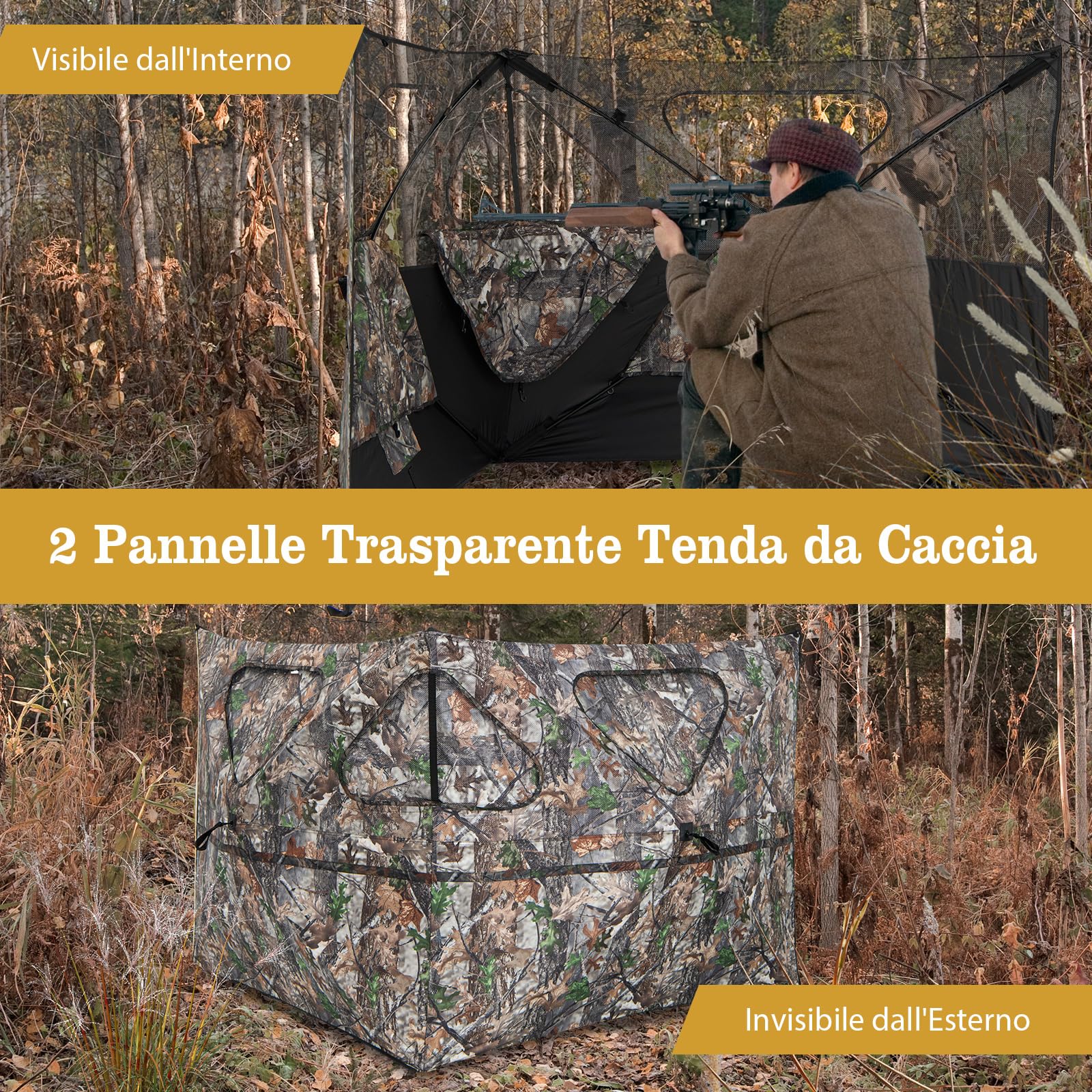 COSTWAY Tenda da Caccia Trasparente a 360 Gradi Portatile, Tenda da Terra a 2 Pannelli con Borsa per Trasporto, Tenda da Caccia Mimetico per Caccia al Cervo