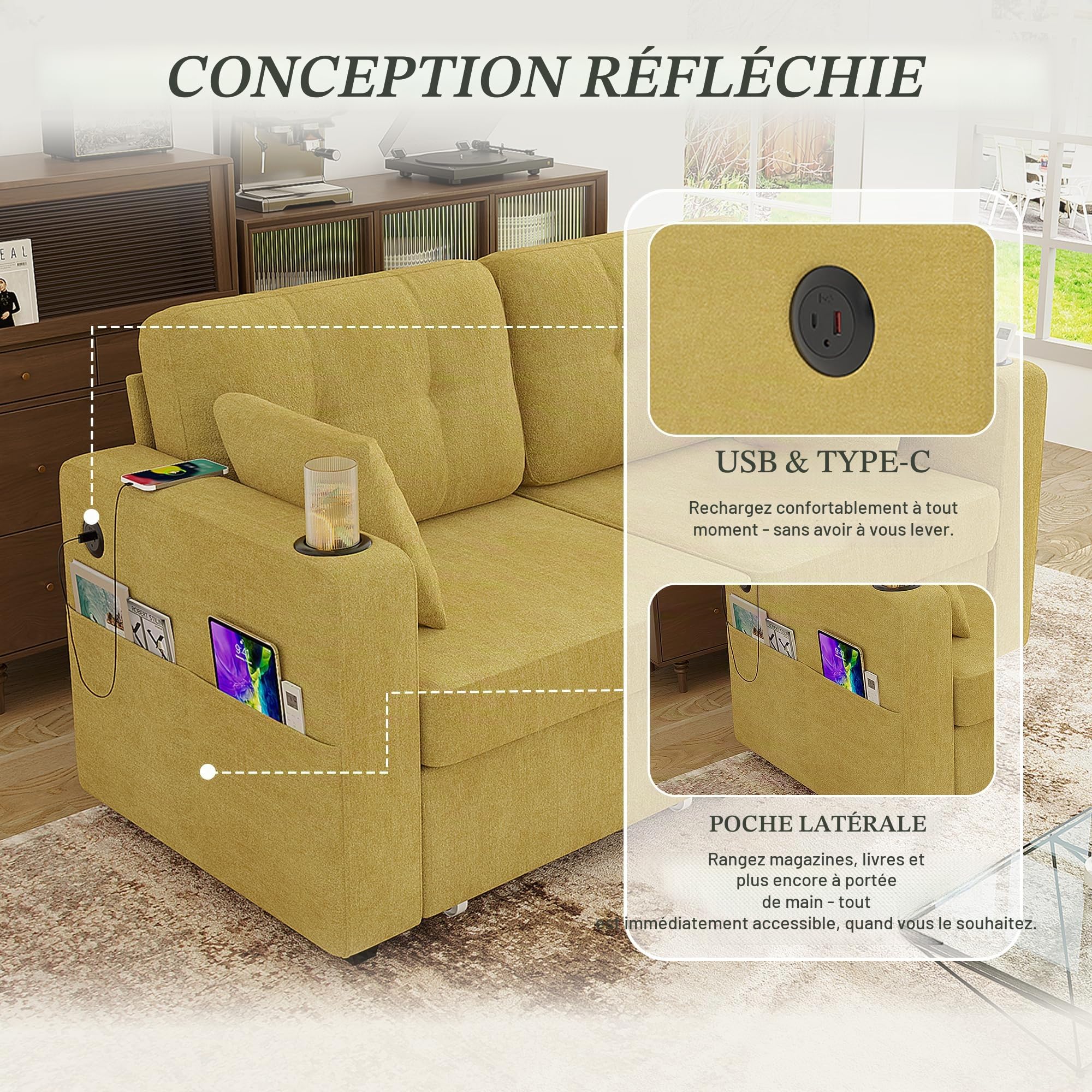Canapé 2 Places avec Rangement,Canapé d'angle Moderne,2 tiroirs sous l'assise,accoudoirs avec Porte-gobelets,Ports USB/USB-C,Poches latérales,Tissu Chenille,Jaune Moutarde