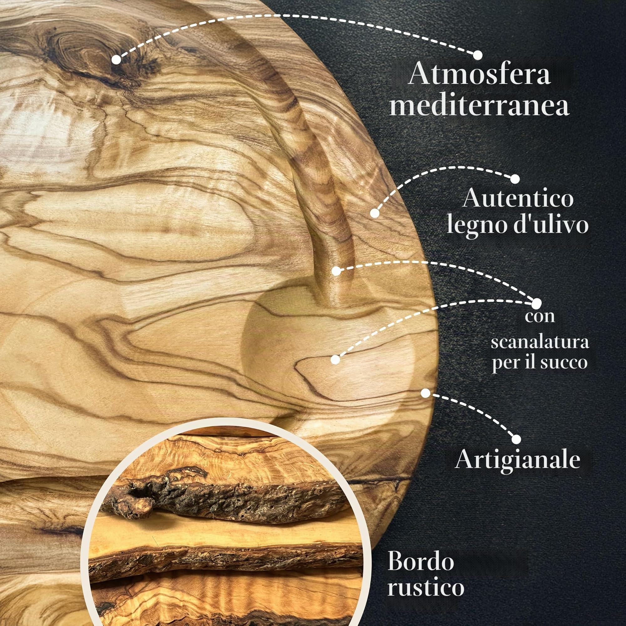 Tagliere personalizzato in legno d'ulivo – Tagliere in legno rustico con incisione e scanalatura circolare (40 – 44 cm)