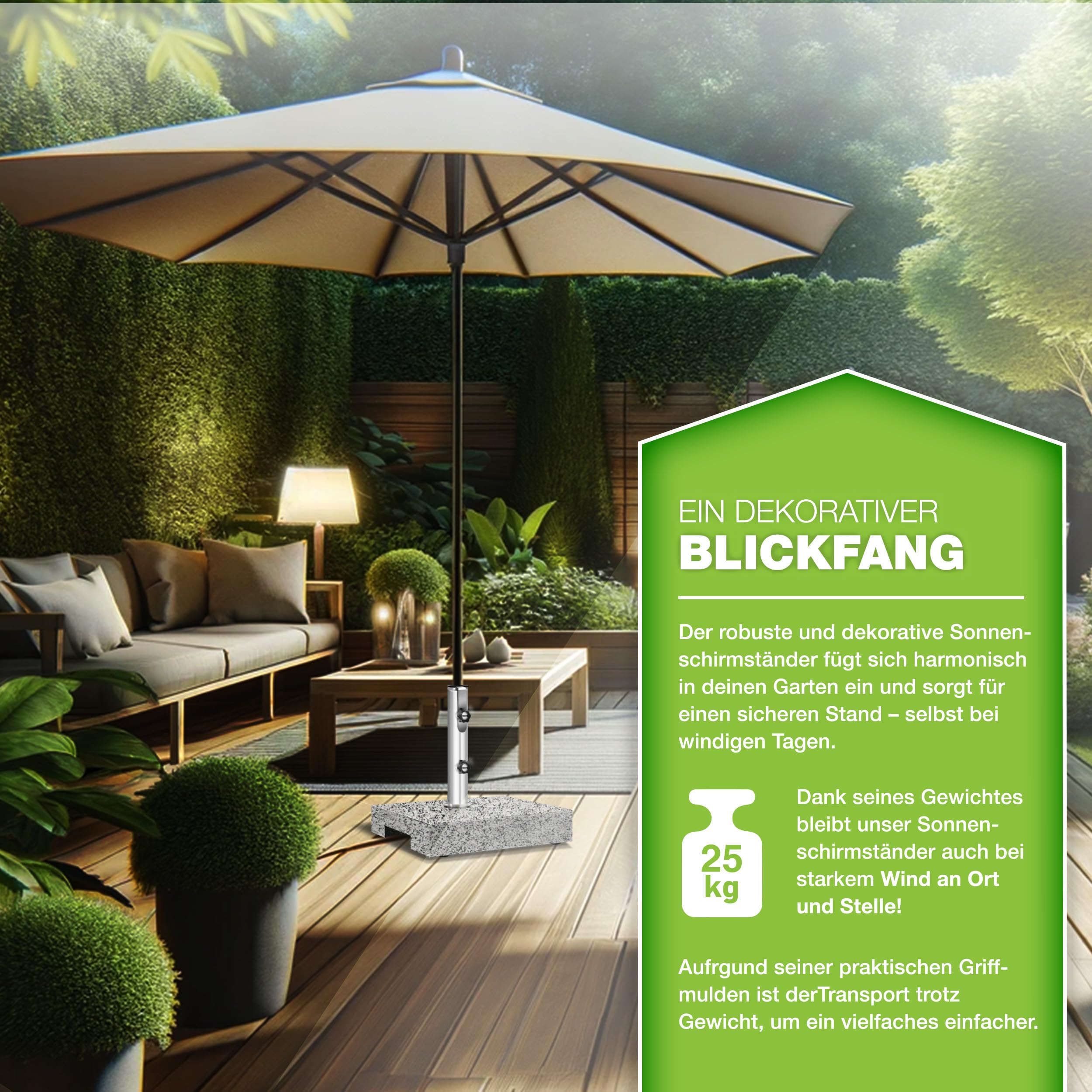 tillvex® Base per Ombrellone da Giardino in Granito, Rettangolare - 25 kg, con Tubo in Acciaio Inox, Supporto per ombrellone da Balcone da 16 a 48 mm e 300 cm di Diametro + Maniglia per Il Trasporto