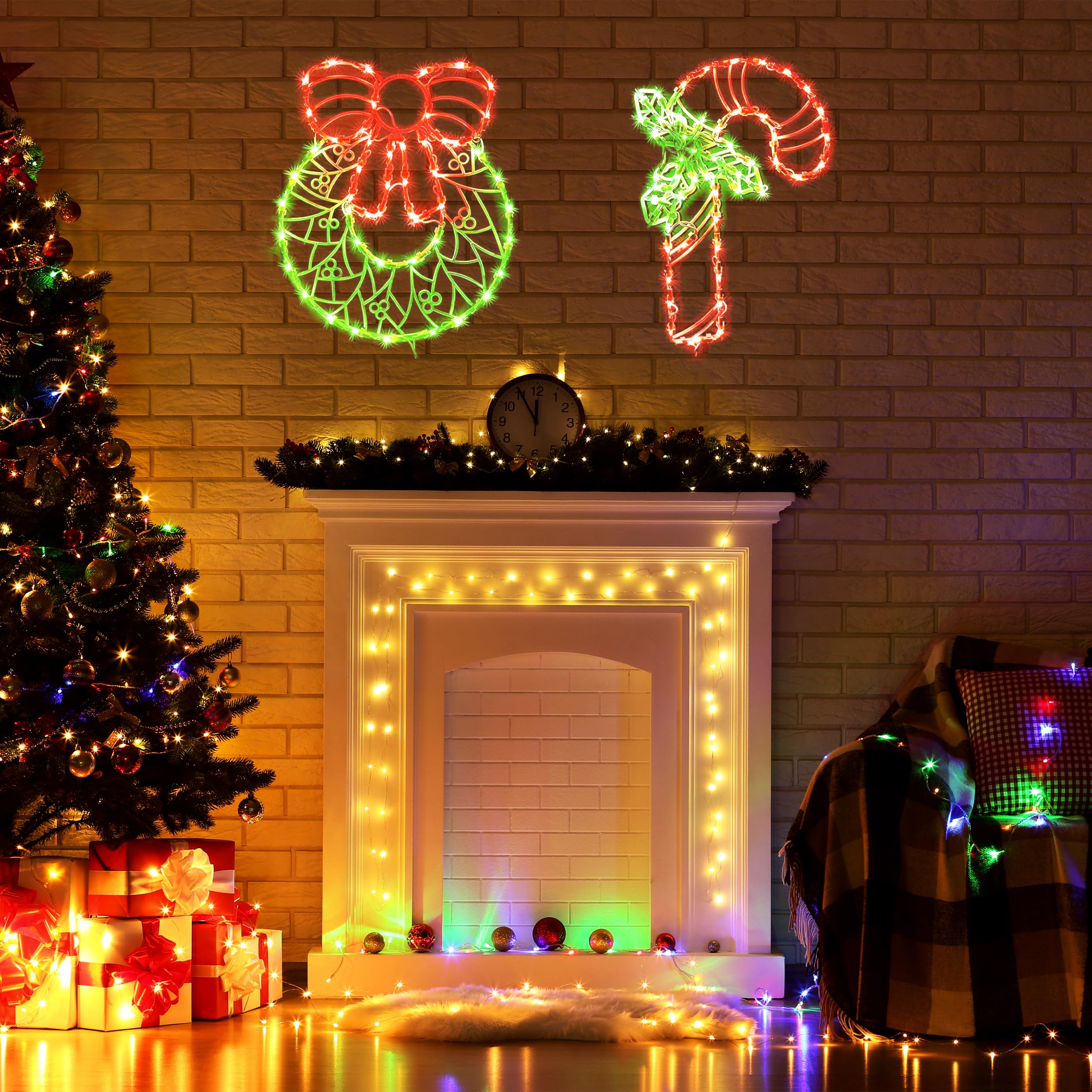 Beleuchtete Weihnachtsdekoration für Fenster, 2 Stück, für Weihnachten, Party, Haus, Terrasse, Rasen, Gartendekoration (Stab und Krone)
