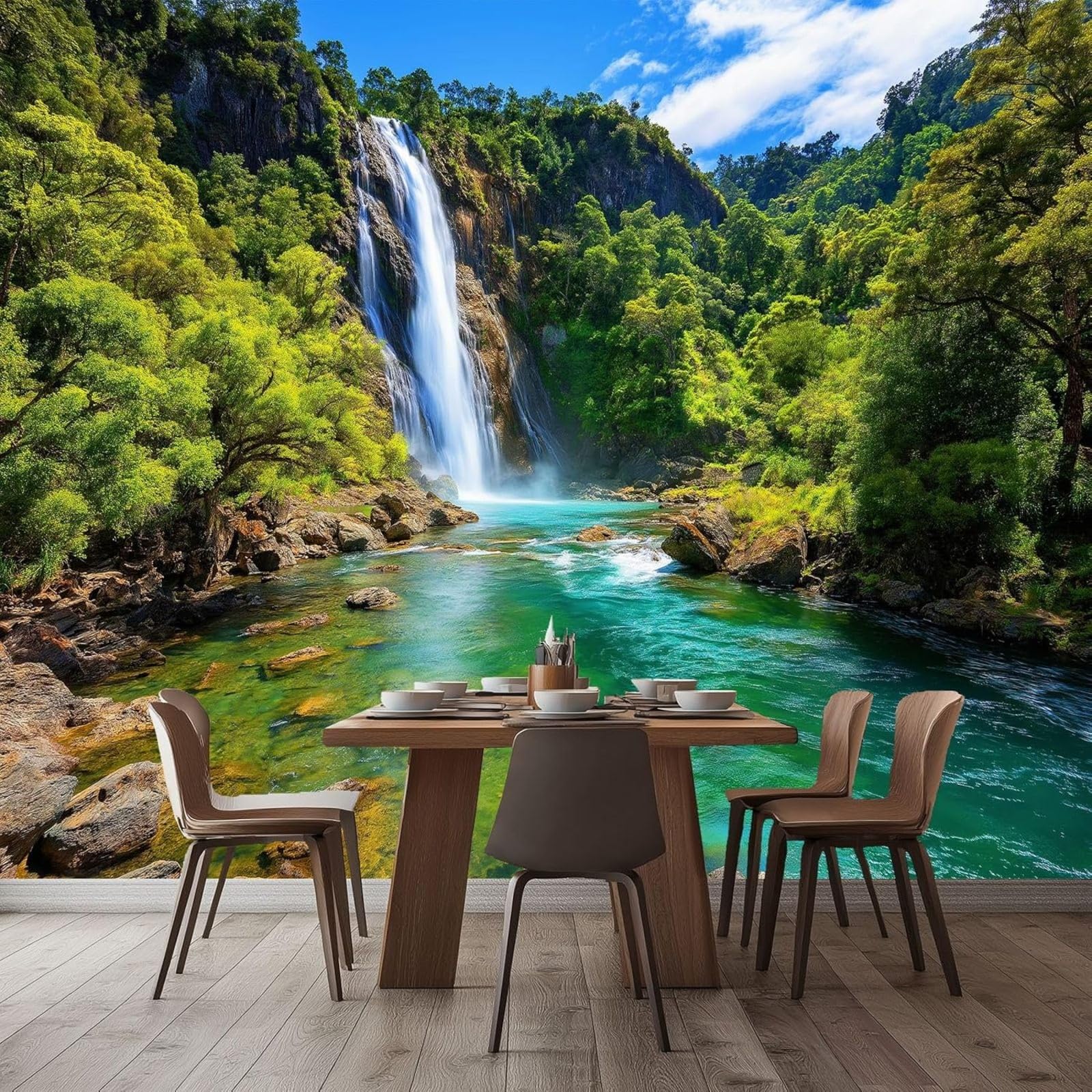 pdghsdkgjh Art Deco Style 3D Photo Wallpaper, Forest Waterfall Green Non-Woven Wallpaper for Living Room Bedroom TV Background, 250cm x 175cm Stickers - Frameless Painting - Poster