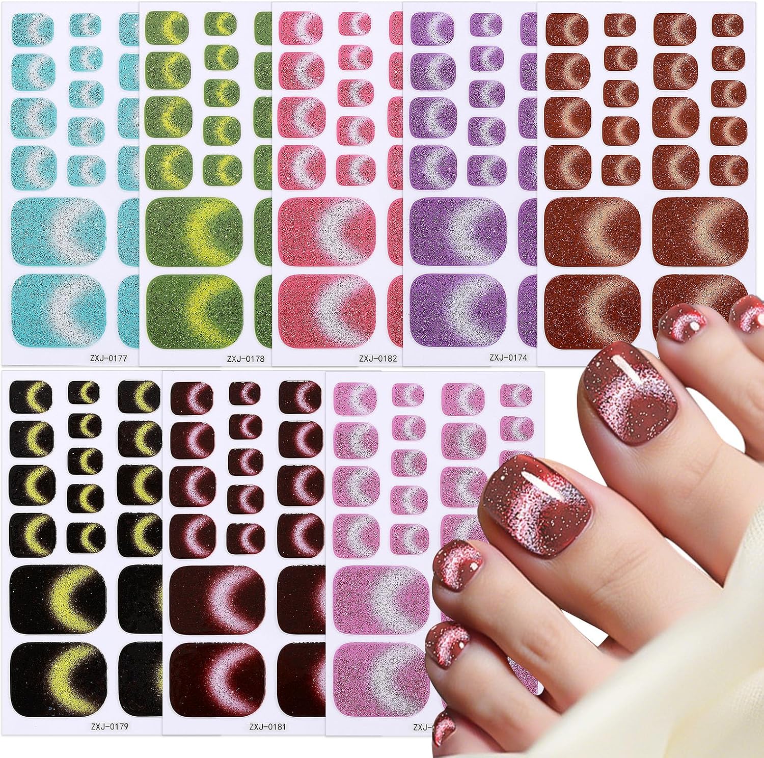 Glitter Toe Nail Wraps, 8 Sheets Full Cover Self Adhesive Toe Nail Stickers, Glossy Toe Nail Polish Strips for DIY Pedicure, Trim to Fit, No UV Lamp Needed