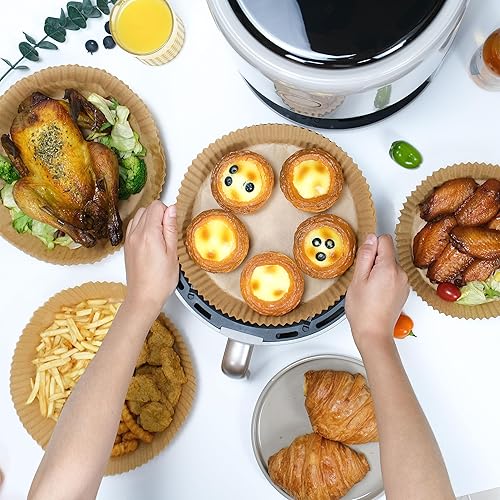 Miniatura 7 de proMCRjex Forros de papel desechables para freidora de aire, 100 piezas de 6.3 pulgadas, forro de papel pergamino redondo para hornear asado, ajuste
