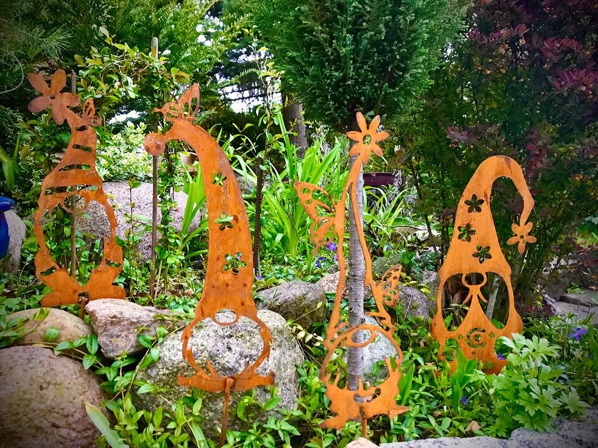 Bornhöft Gartenstecker Zwerg Gnom Klausi Beetstecker Topfstecker Metall Rost Gartendeko Edelrost rostige Dekoration 40cm (4er Set)