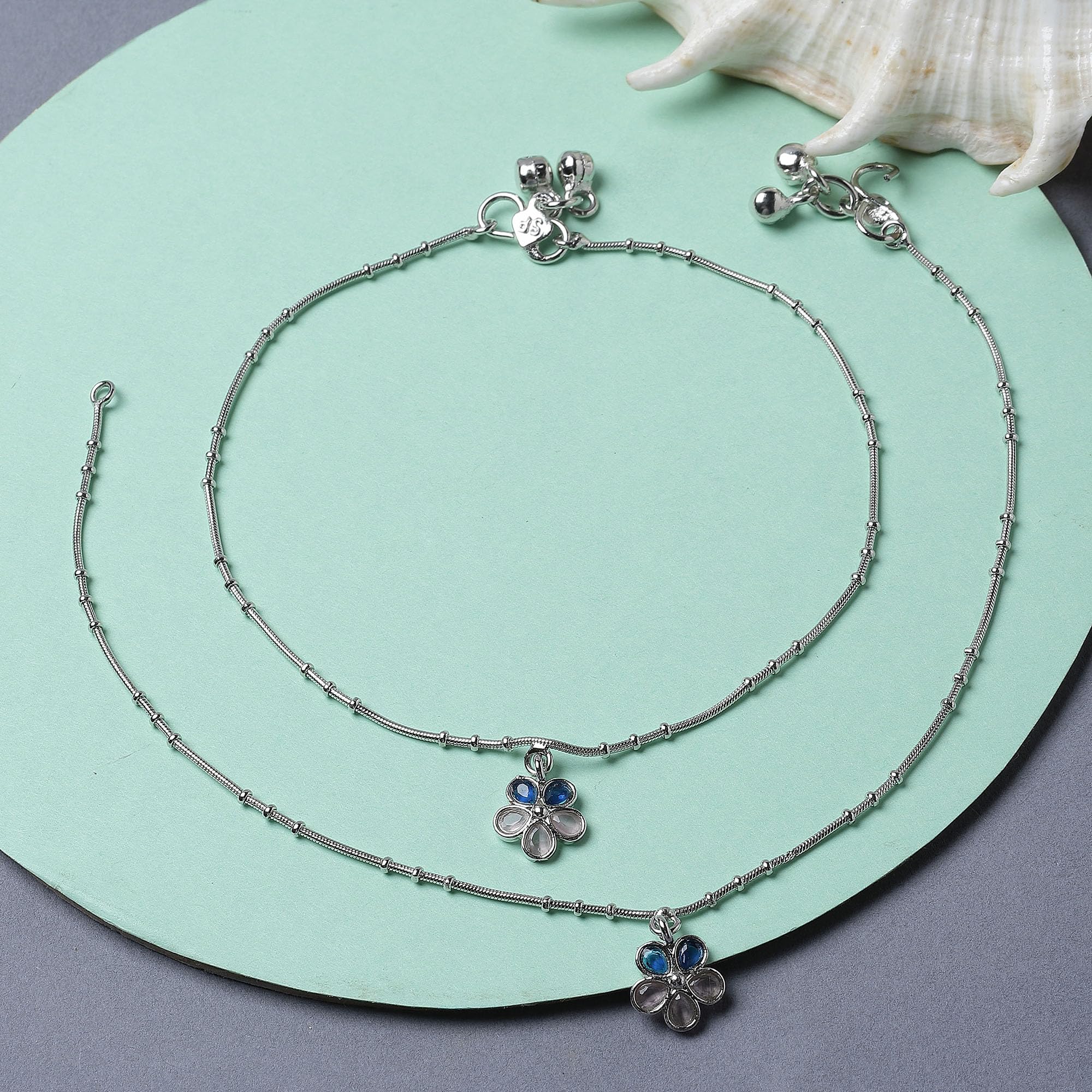 Set Of 2 Rhodium-Plated Floral Anklets