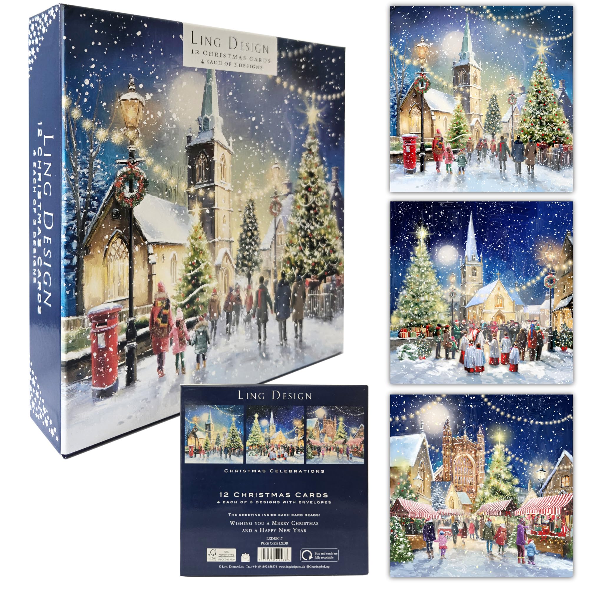 Festive Art Large Deluxe Box of 12 Christmas & New Year Cards in 3 Designs - 160 x 160mm (6.5x6.5in) - Gloss Finish Premium Board - Great British Card Company (Christmas Eve Celebrations) — image 1
