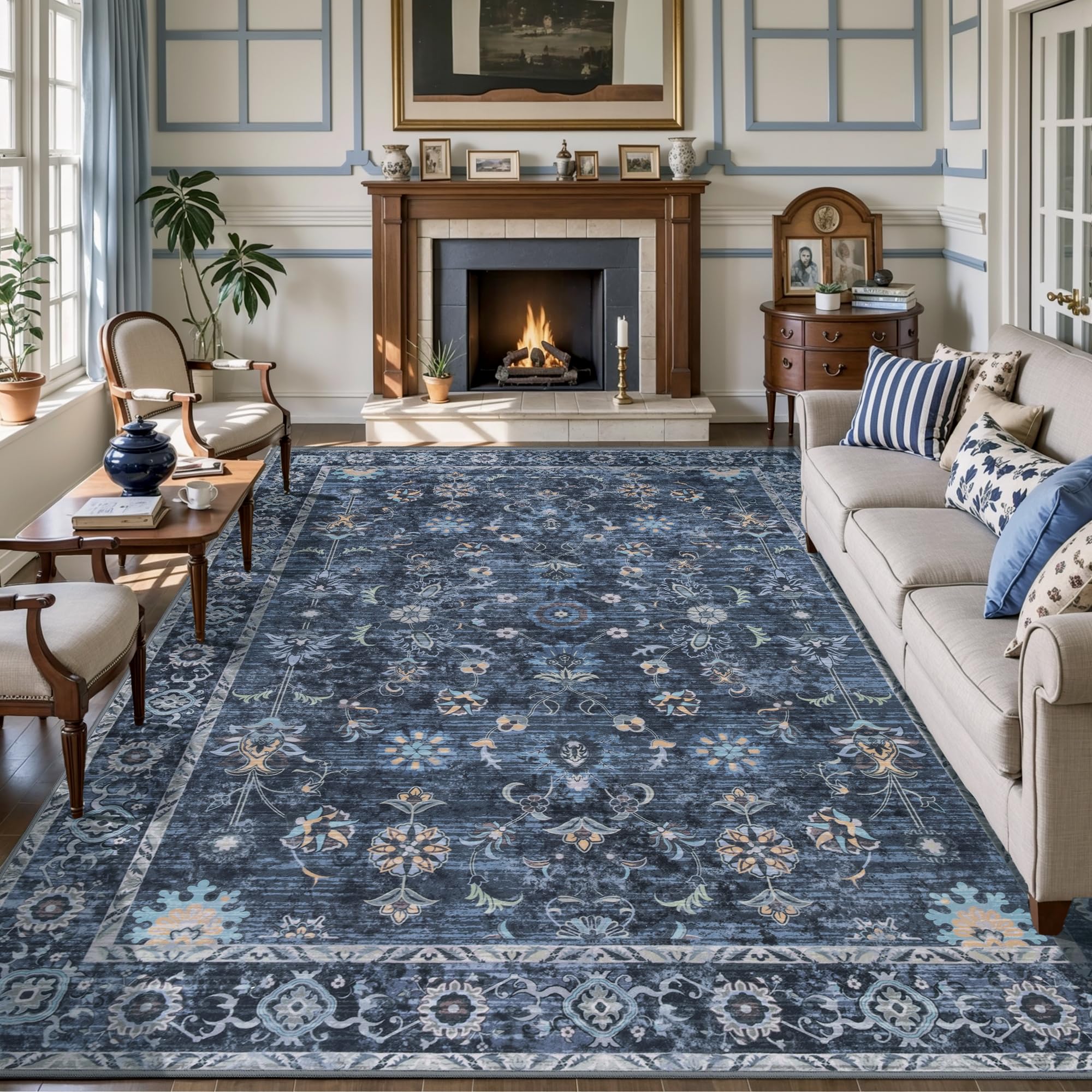 Tangsoo 8x10 Large Area Rug for Living Room, Non Slip Machine Washable Rug for Bedroom, Boho Distressed Vintage Blue Floral Rugs, Soft Indoor Floor