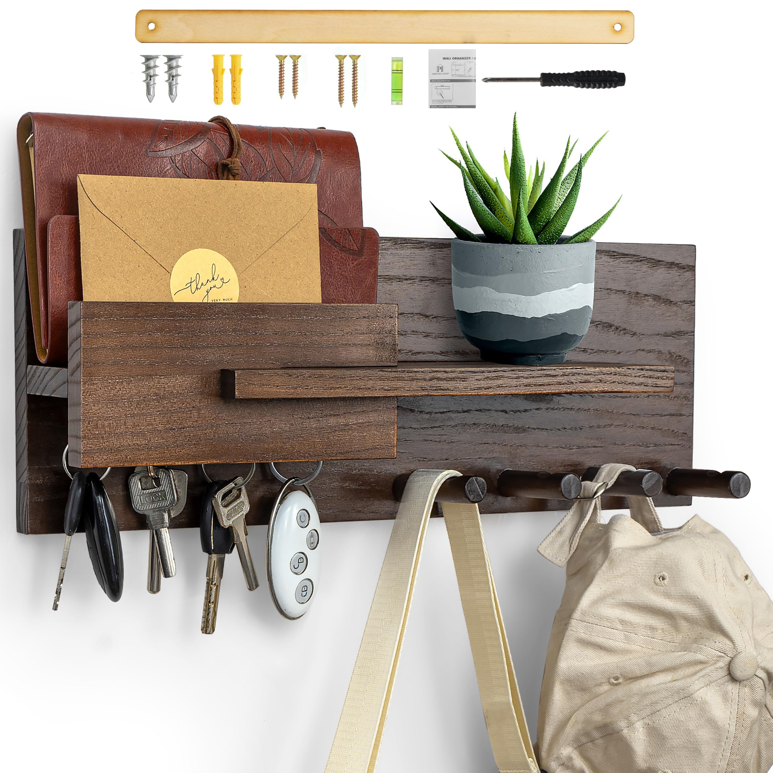 Photo 1 of ***MISSING PARTS*** Solid Wood Mail and Key Holder for Wall Decorative Display - Includes Mail Holder, Shelf with Hooks for Keys & Pegs for Hanging Hats, Coats, Bags, Backpacks & More - Sleek Modern Design, Walnut Brown