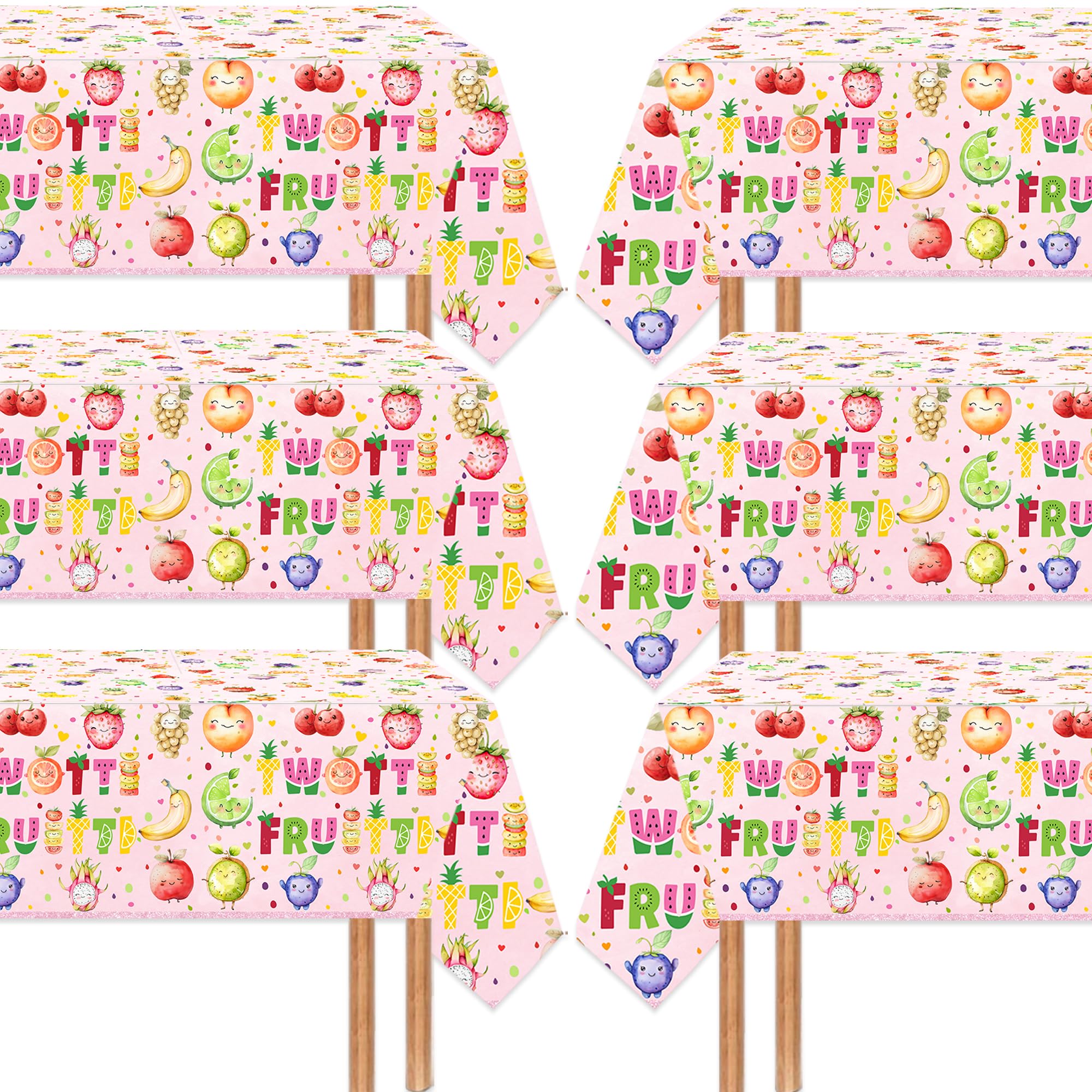 LetDec 6 Pack Twotti Frutti Tablecloth Decorations, Summer Fruit Two Years Old Table Covers for Luau Fruit Lemon Watermelon Pineapple Strawberry Theme Girls 2nd Birthday Party Supplies, 54” x 108”