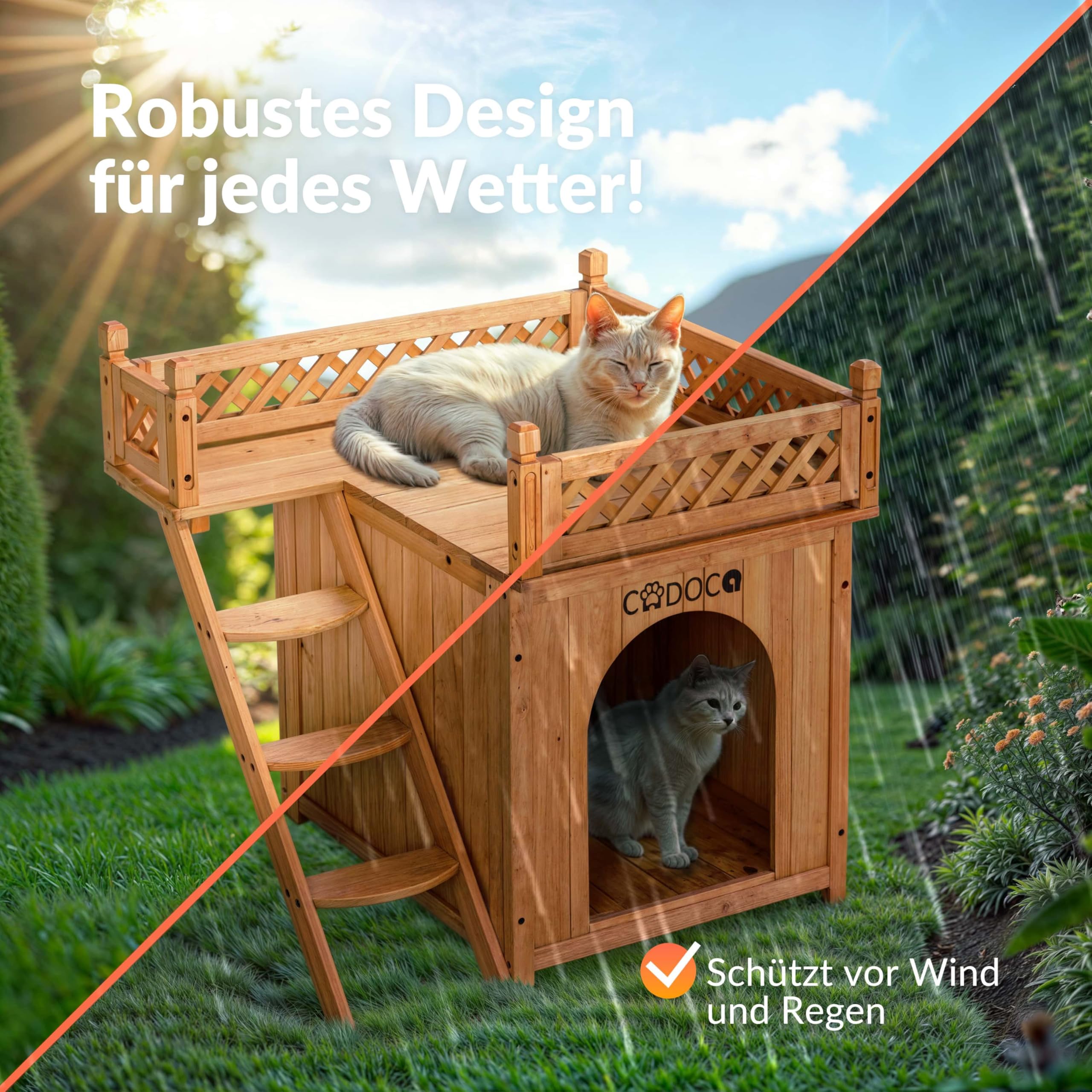 CADOCA® Tierhaus FSC®-Zertifiziert Kiefer 65x55x54cm 2-stöckig Treppe Sonnenterrasse Katzenhaus Katzenhütte Hundehütte Katzenvilla Lodge Balkon