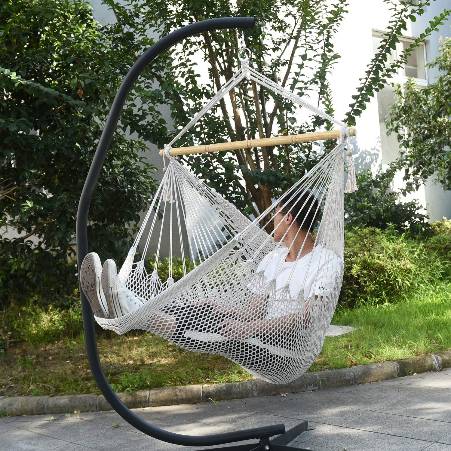 CCTRO Mesh Hammock Net Chair Swing, Hanging Rope Netted Soft Cotton Mayan Hammock Chair Swing Seat Porch Chair for Yard Bedroom Patio Porch Indoor Outdoor, 300 lbs Weight Capacity