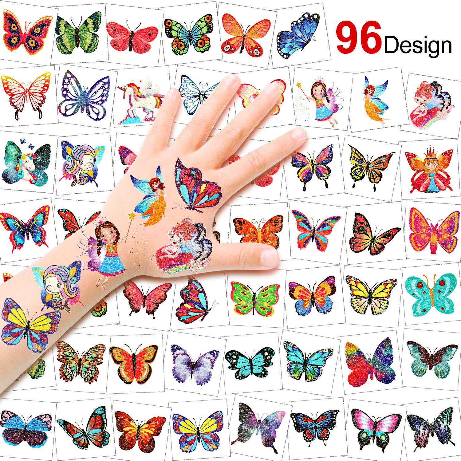 HOWAF 96 Tatuajes Temporales De Mariposas Para Niñas – 24 Hojas, Diseños Brillantes, Fáciles De Aplicar, Regalo De Fiesta