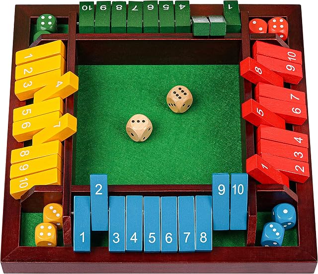 Coogam Shut The Box Dice Game Wooden Board Math Number Game Family Pub Bar 1-4 Players with 10 Colored Dice for Adults Kids 3 4 5