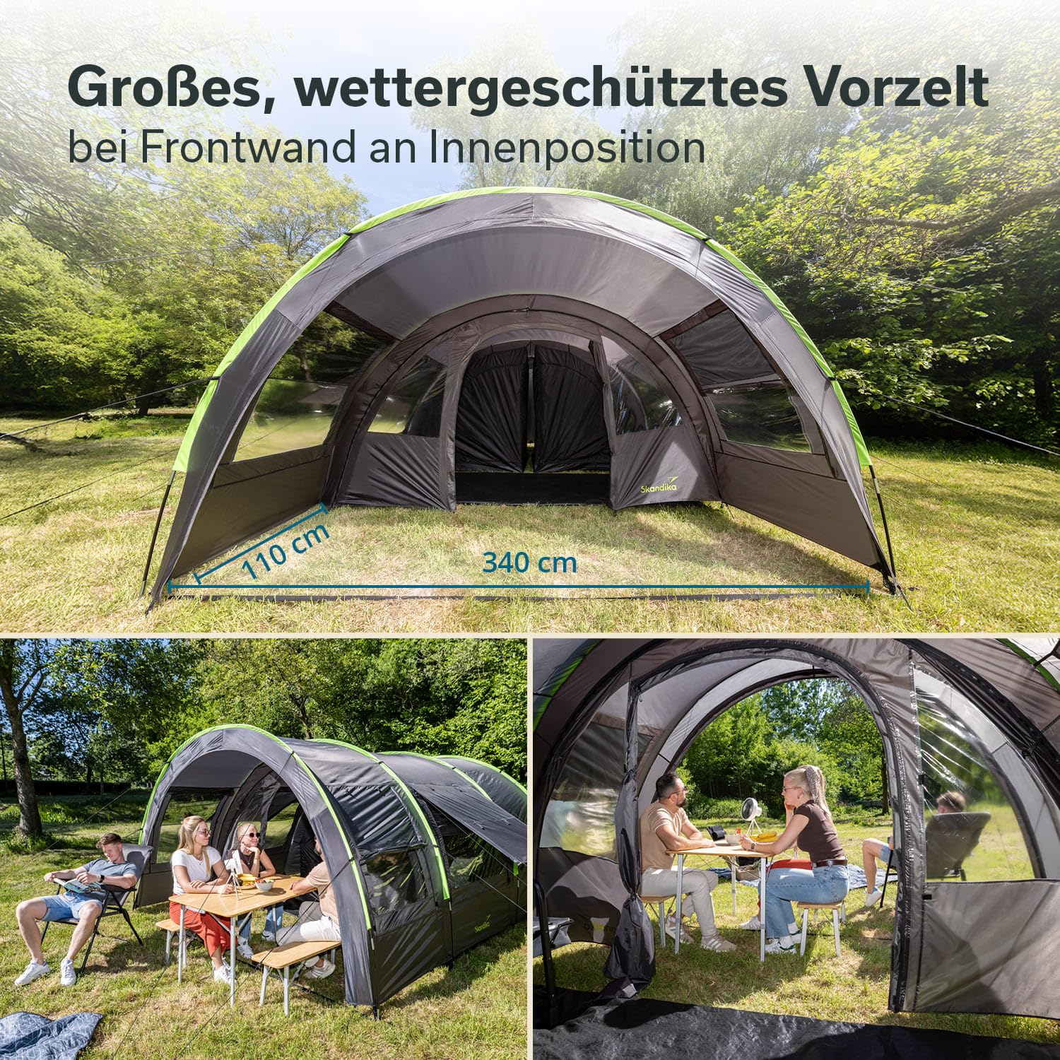 Skandika Tunnelzelt Kemi für 4 Personen | Camping Zelt, 2 Schlafkabinen, 2 m Stehhöhe, wasserfest, 3000 mm Wassersäule, Frontwand versetzbar, Vorzelt | Campingzelt, Familienzelt