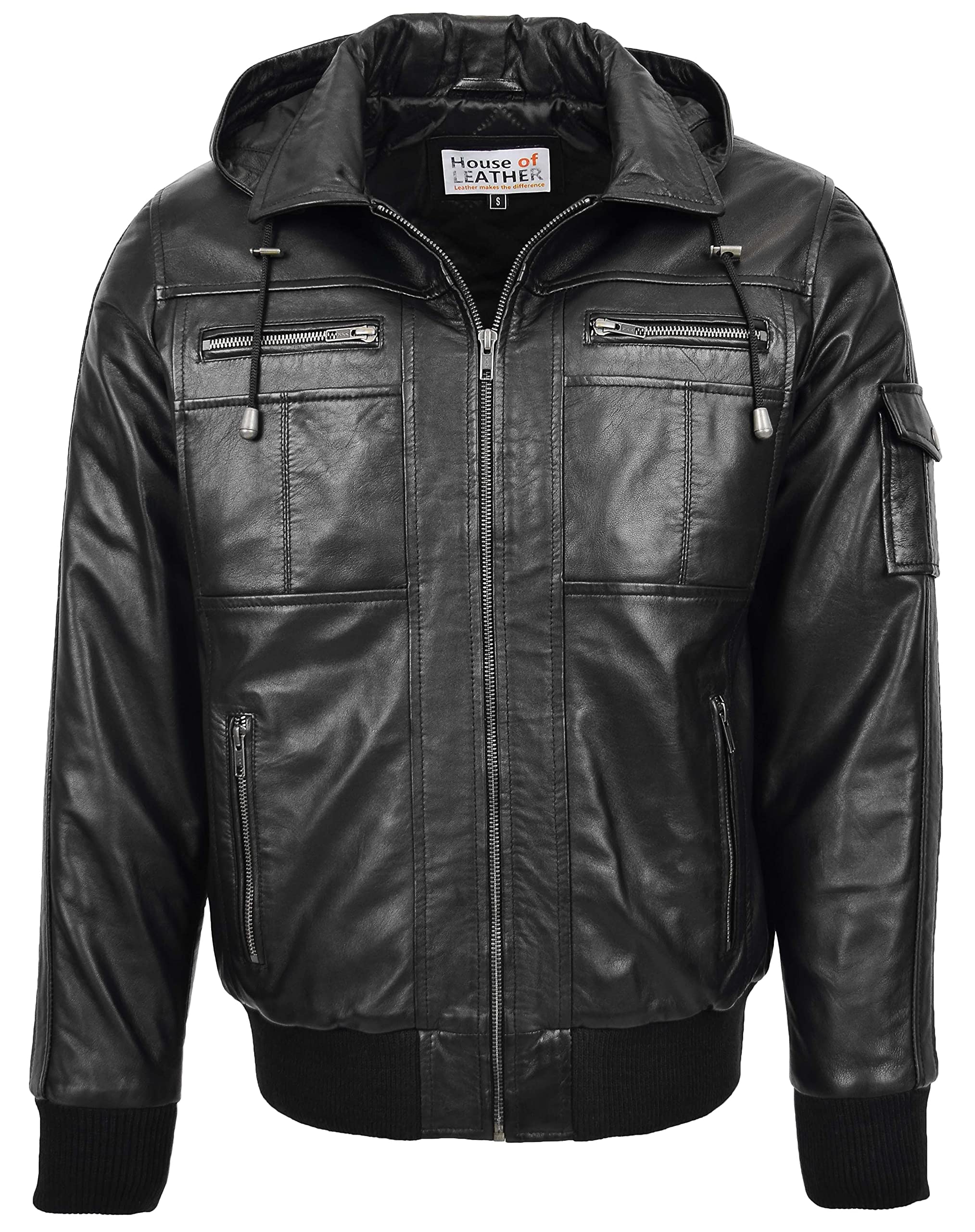 House Of Leather Men's Black Real Leather Bomber Jacket Detachable Hoodie Style Bronx (L)