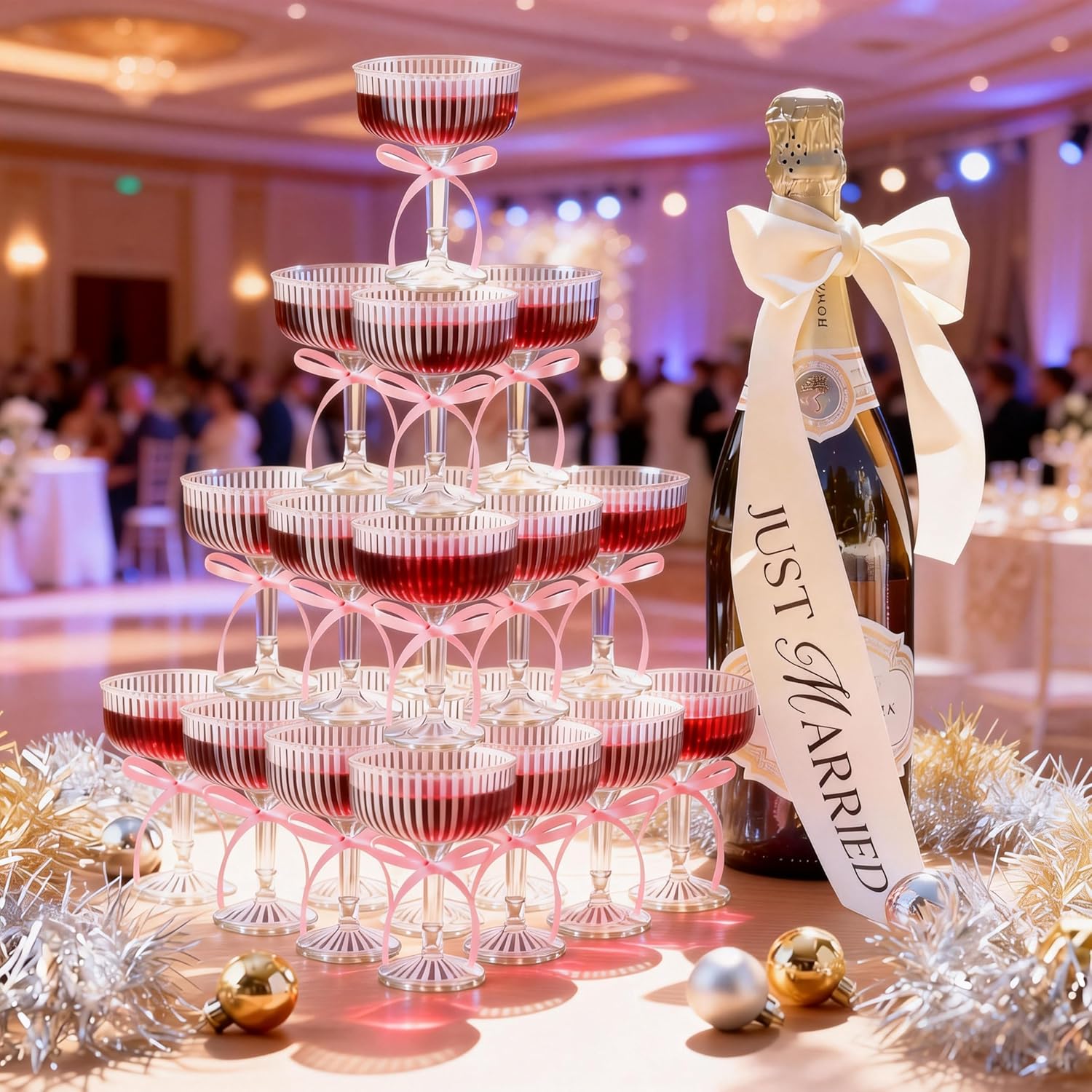 ACRYLIC Champagne Tower Set 20 Pack 7oz Shatterproof Flutes with 25 Pink Bows & 25 Dots, Stackable Plastic Coupe Glasses for Wedding, Birthday, Bridal Shower, Anniversary & Catering Events