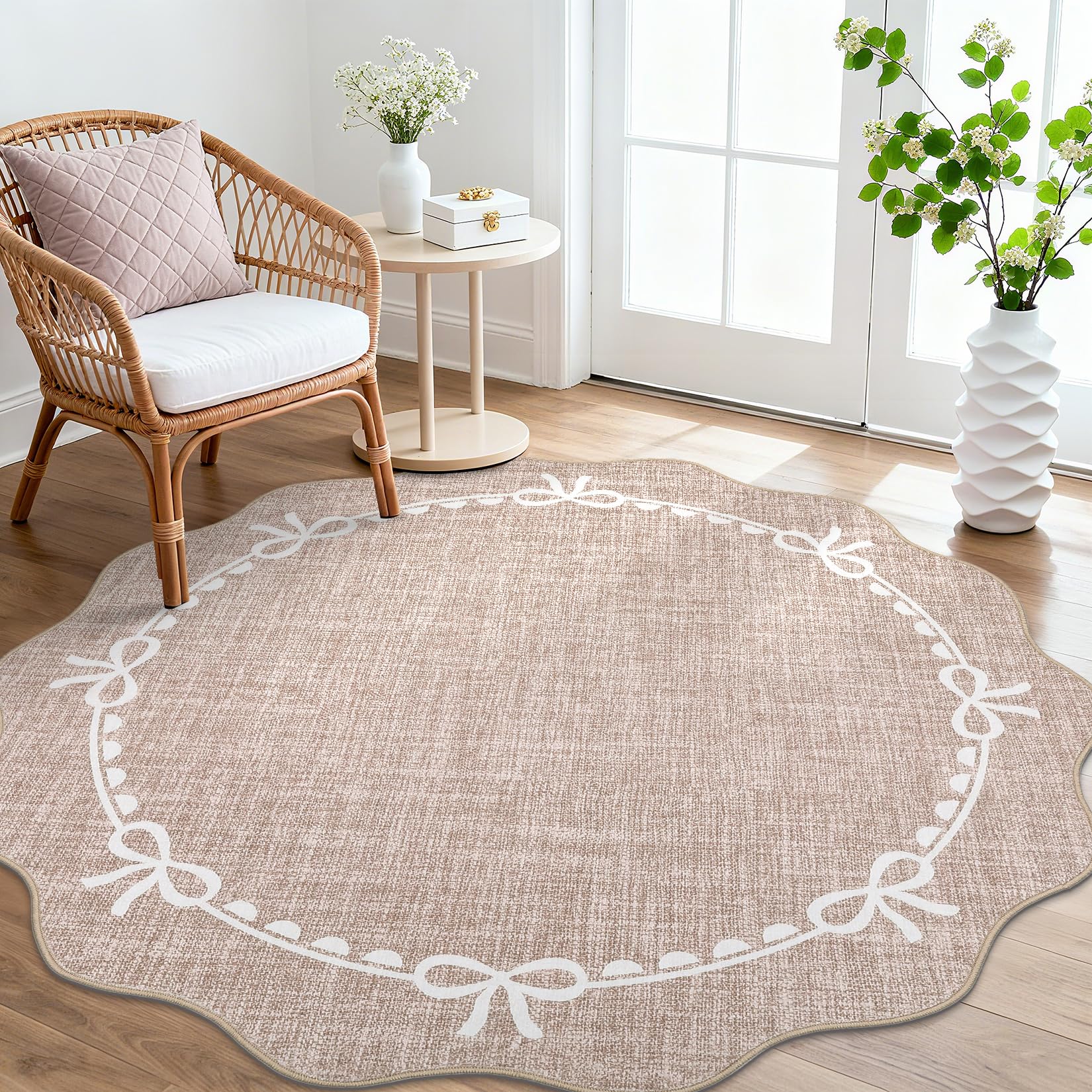 GarveeHome Scalloped Bow Rug for Living Room, 6ft Round Rugs Washable Solid Camel Rug for Dorm Soft Low Pile Non Slip Scalloped Rugs for Nursery