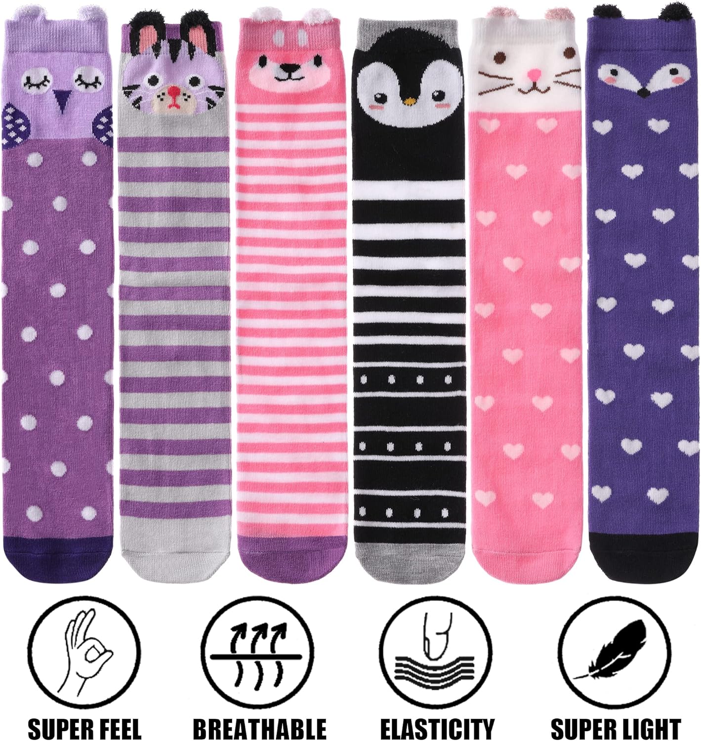 POEATEZO 3-12 Years Girls Knee High Socks Kids Funny Animal Pattern Warm Cotton Long Tall Boot Socks 6 Pairs - Image 3