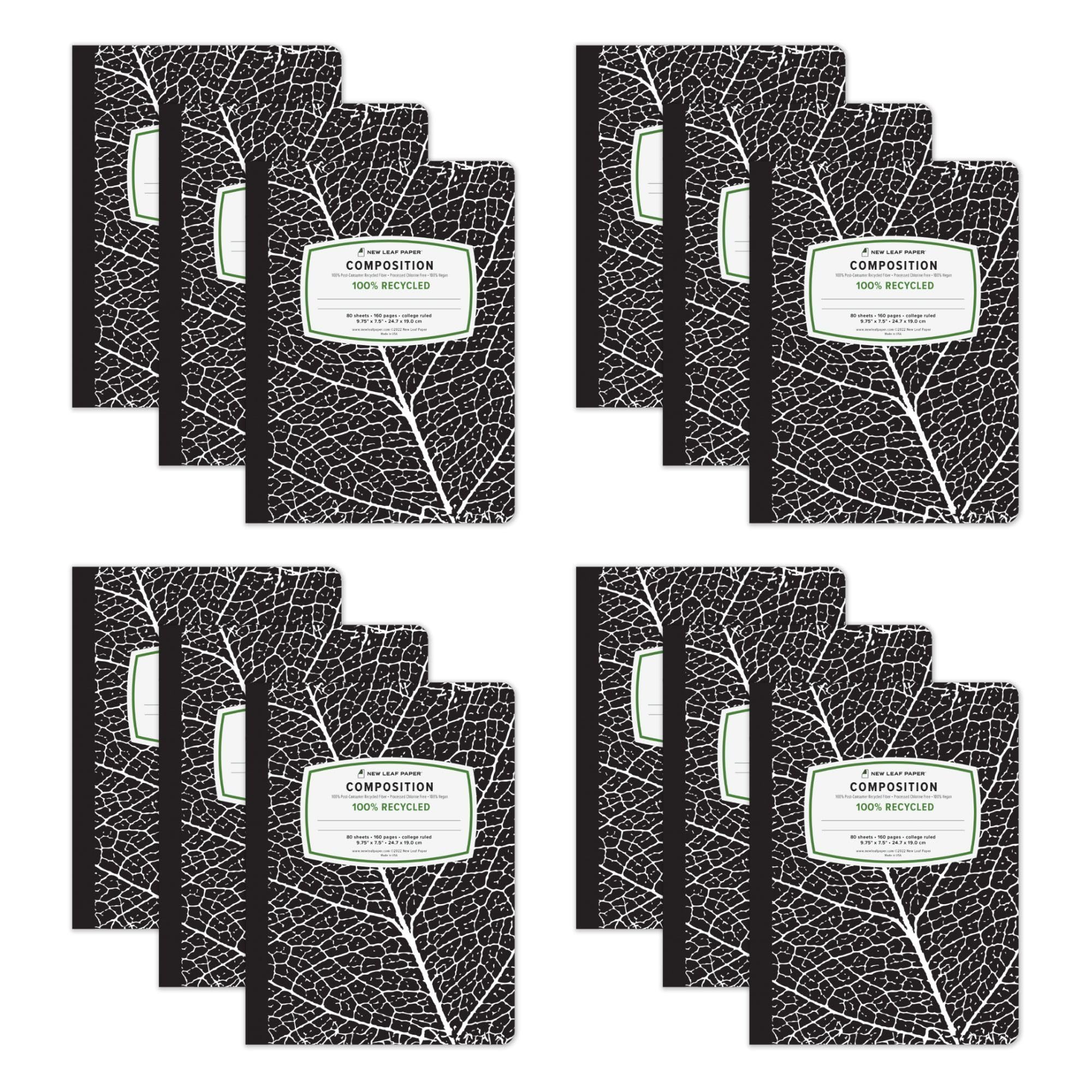 New Leaf Paper Composition Books, 12 Pack, Sustainability Designed, 9.75”x 7.5", 80 Sheets, 100% Recycled College Ruled Pages, 100% Post-Consumer Recycled Fiber, Made in USA, Black Cover