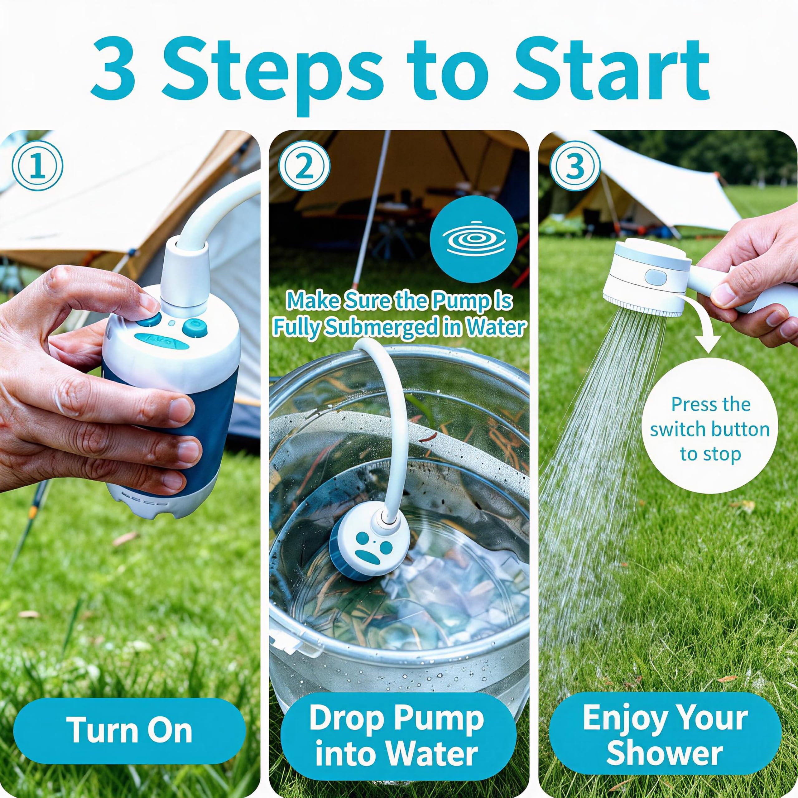 Pompe de douche portable pour camping – Pommeau de douche rechargeable pour l'extérieur, pompe l'eau du seau. Profitez d'un rafraîchissement n'importe où, parfait pour le camping, la randonnée, les