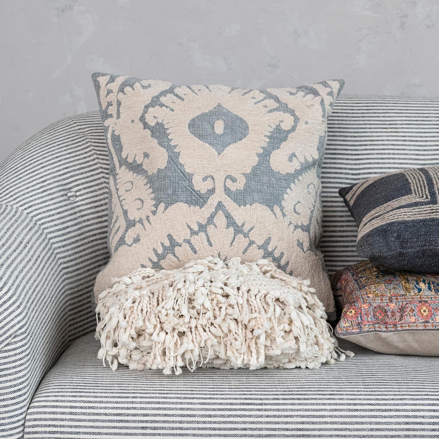Creative Co-Op, Blue Square Cotton Slub Tufted Pillow with Damask Pattern and Chambray Back, Cream