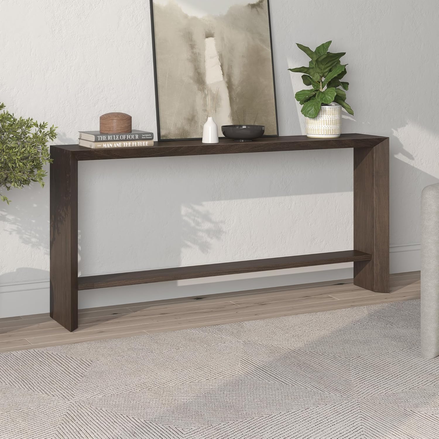 Henn&Hart 64" Wooden Rectangular Console Table Entryway Table, Sofa Table with Wooden Storage Shelf for Entryway, Living Room, Couch, Hallway, or Office, Warm Brown
