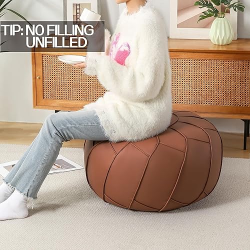 Miniatura 6 de Camkinger Puf otomano sin relleno  Decoración marroquí de 24 x 24 x 12 pulgadas, asiento redondo grande, puf otomano de piel sintética, reposapiés