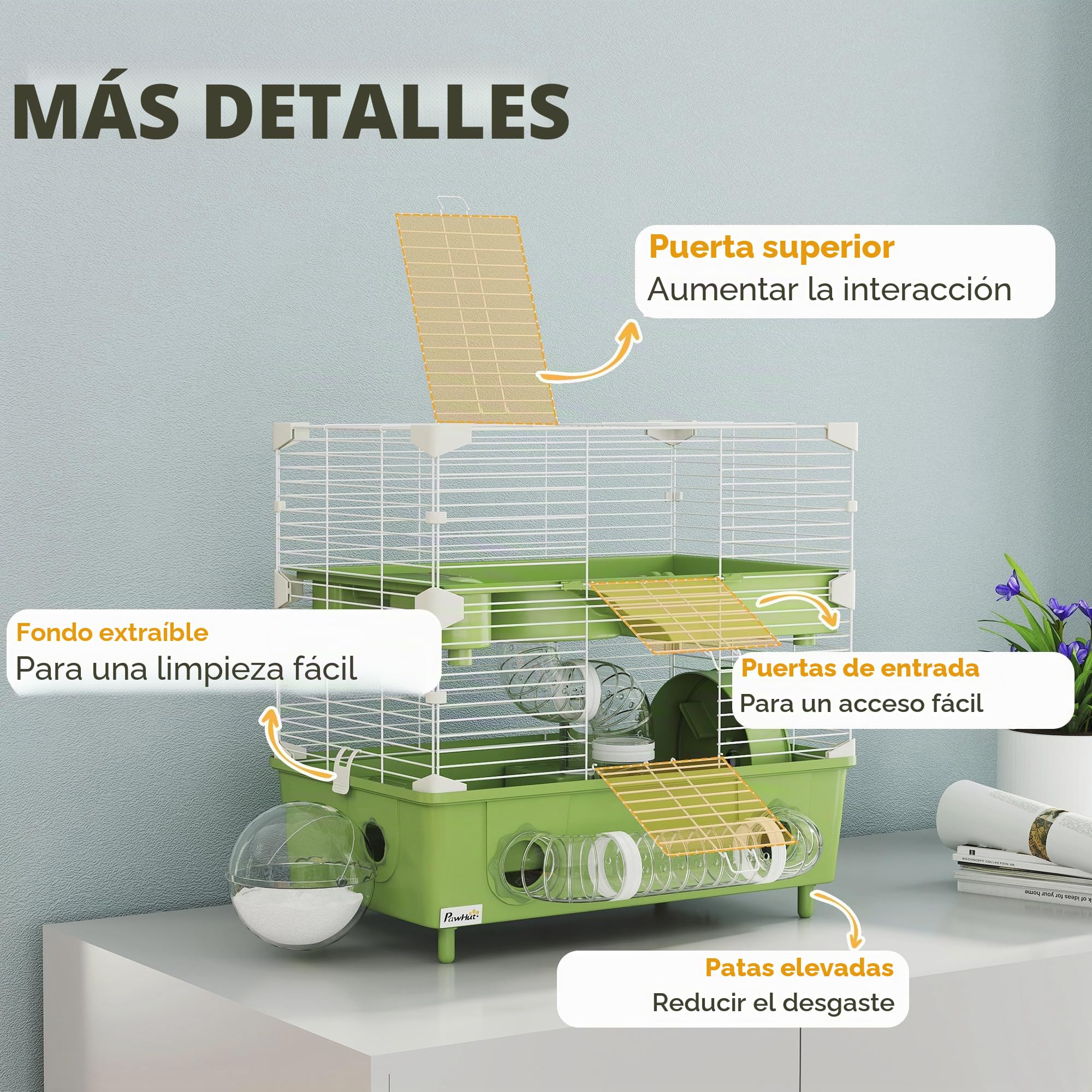 PawHut - Jaula para hámster de 2 niveles, para pequeños roedores con rueda de carrera, baño de arena, sistema de tuberías, para hámster enano, 44,5 x 28 x 44 cm, verde