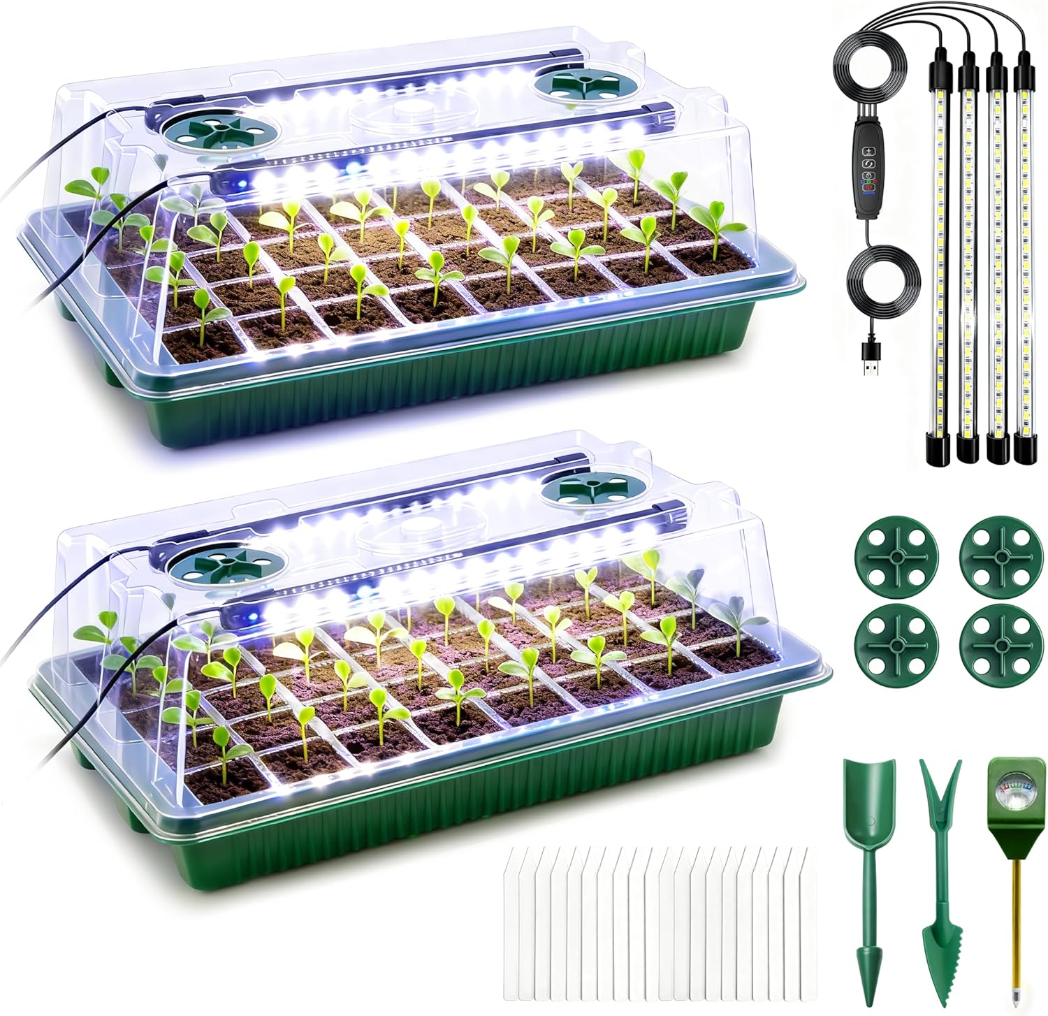 Seed Starter Tray with Grow Light, 2 Pack - 80 Cells Indoor Seeding Kit with Adjustable Humidity Dome, 10 Brightness Levels & Timer & Soil Hygrometer & Seedling Tools, All-in-readiness Seeding Kit