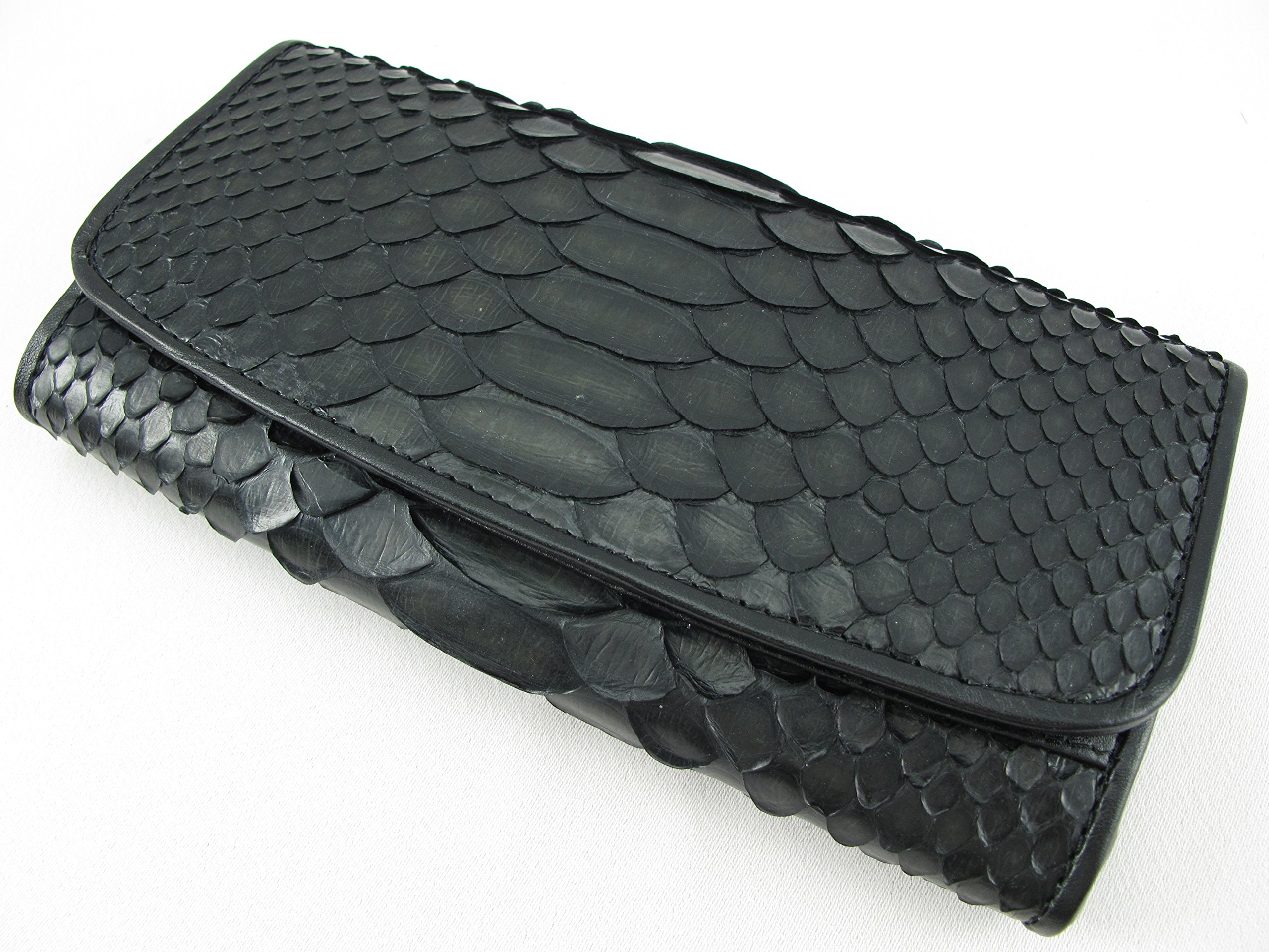 Pelgio Genuine Python Snake Skin Leather Women's Trifold Clutch Wallet (Scale Matte Black)