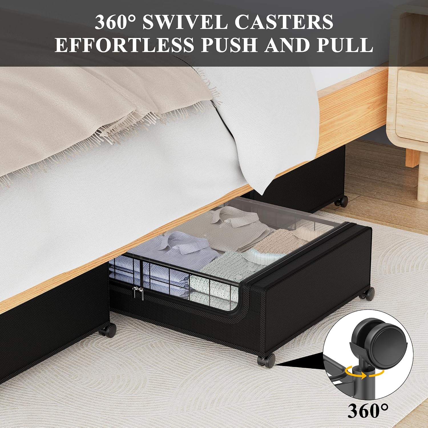 Hleelomi Under Bed Storage with Wheels and Cover, 360° Rolling Under Bed Metal Drawers for Clothes, Blankets, Books and Shoes,Black