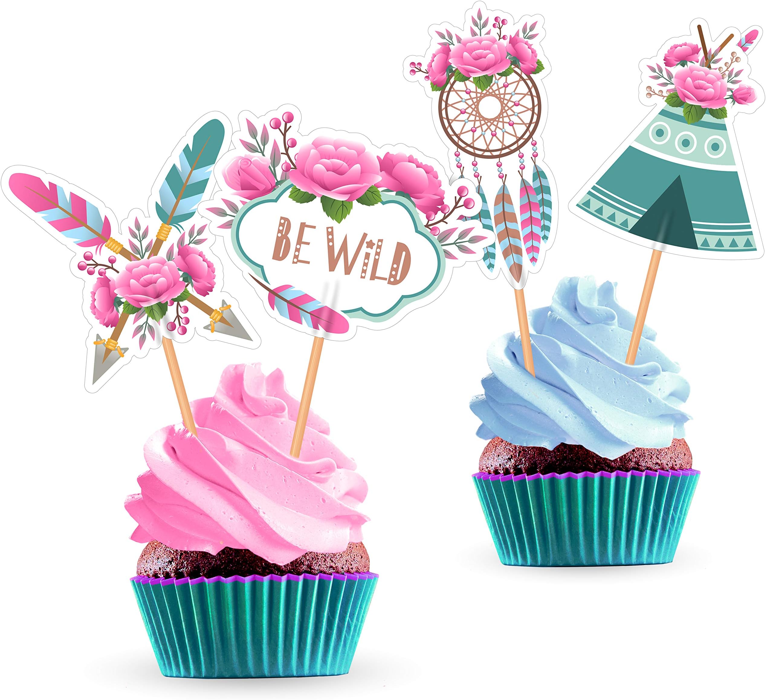 Tribal Boho Cupcake Cake Toppers - Feather Flower Arrow Teepee Dream Catcher Wild One for Bohemian Birthday Party Baby Shower - 24 Pieces