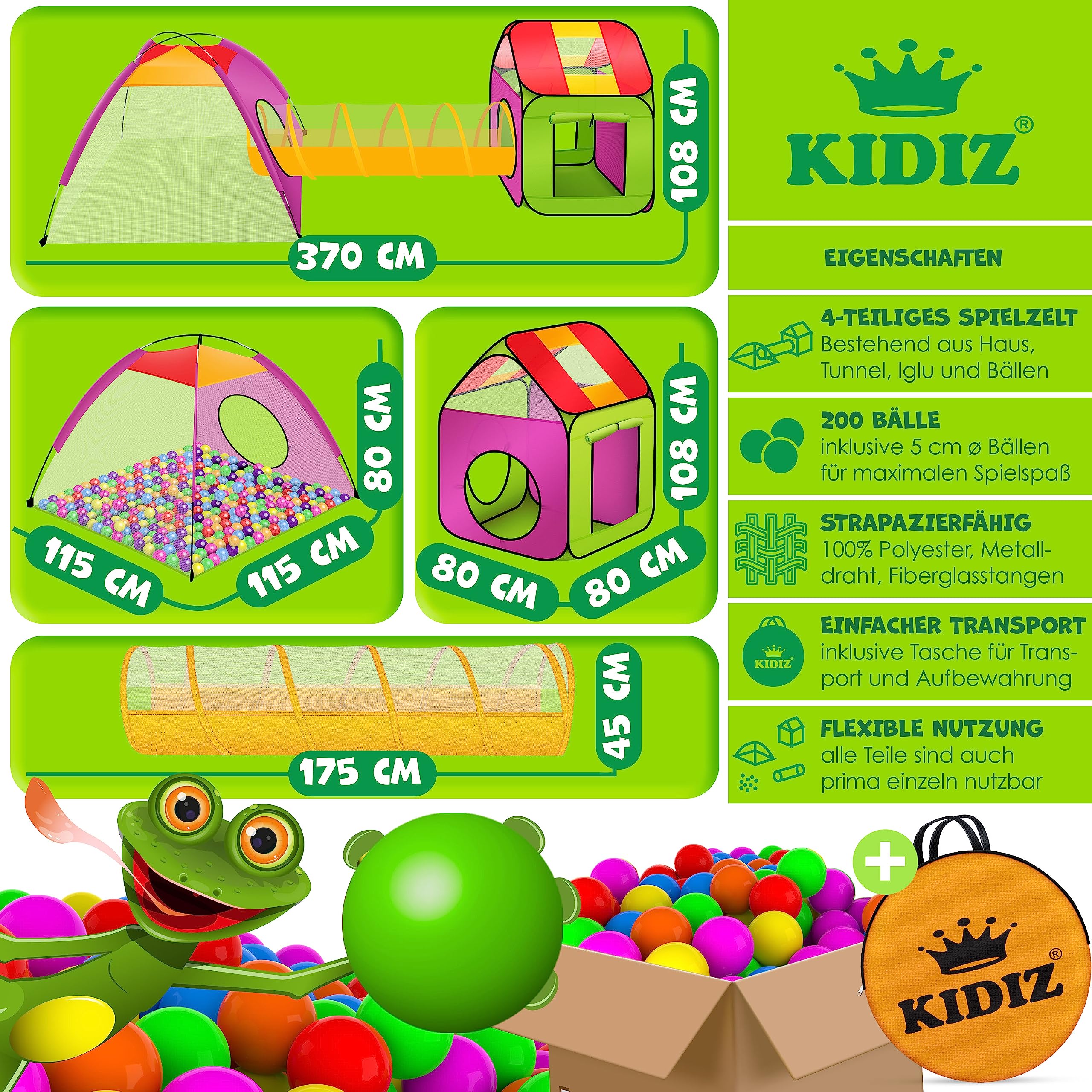 KIDIZ® Tenda da gioco per bambini, 200 palline, ideale per la casa e il giardino, borsa | tunnel | XXL
