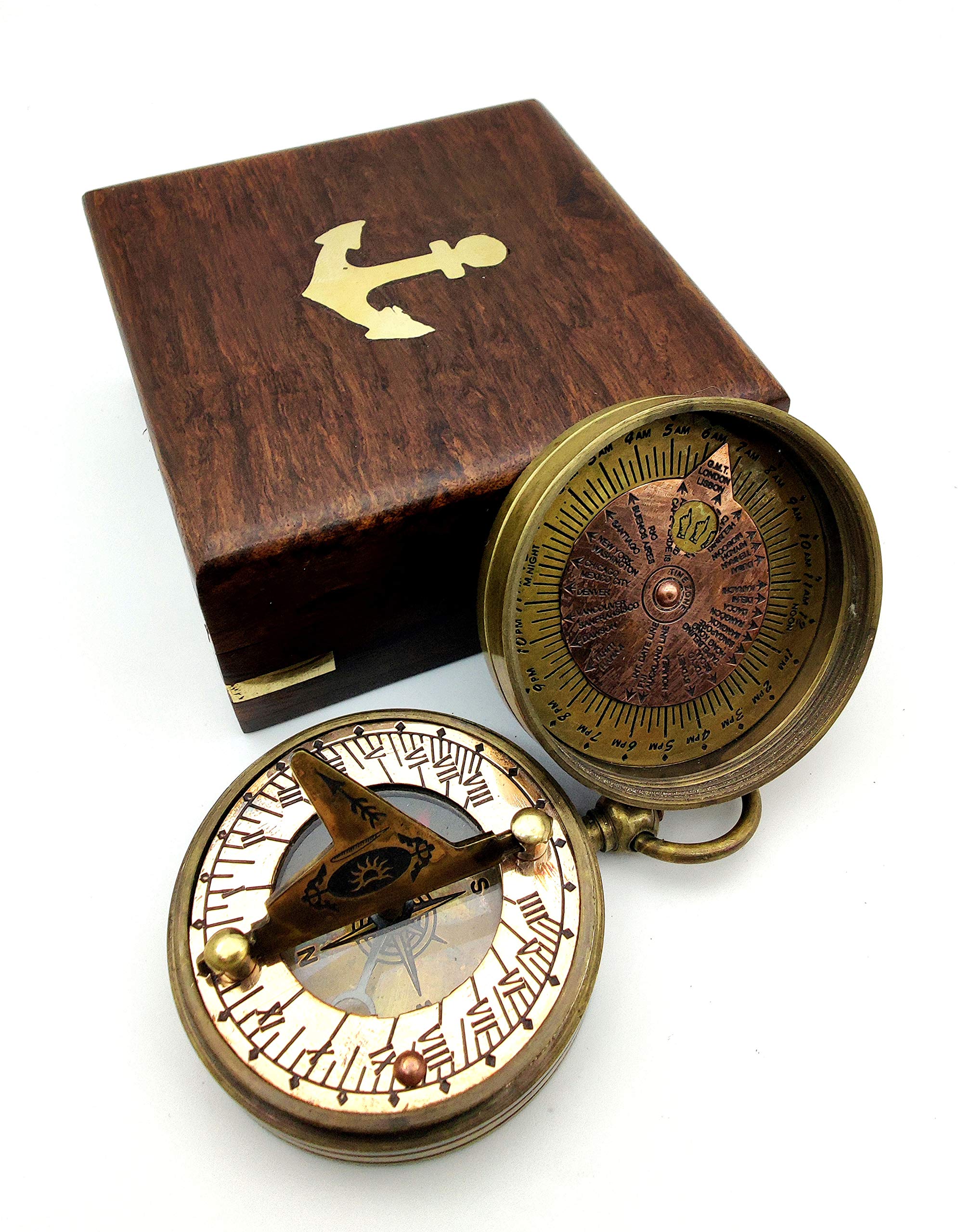KRAFTBAZAR Pocket Sundial Compass, Both Side Handwork on The Sundial Bird with Wooden Box.