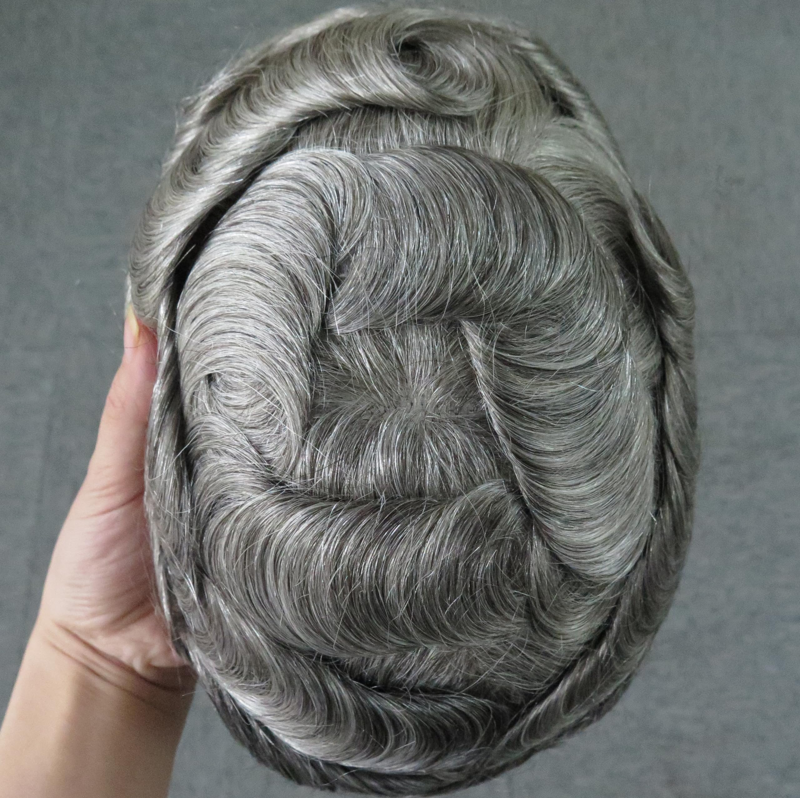 HAIR NATURE Toupee for Men Human Hairpieces, Mens Hair Systems, Medium Density, Fine Mono Grey Hair Bond Unit #1B65