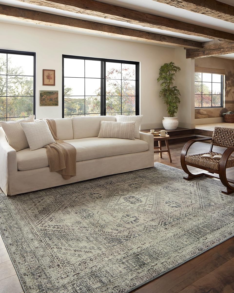 Loloi Magnolia Home Sinclair Natural/Sage 8'-6" x 11'-6" Area Rug | Magnolia Home by Joanna Gaines SIN-04 Machine Washable Printed Approx. 9x11 Beige Living room Dining room Bedroom, Area Rug