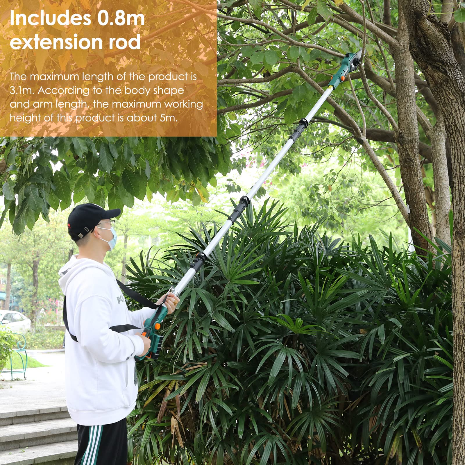 Élagueur sur Perche sans Fil, Perches Élagueuses, Tube d'extension, 20 V 2,5 Ah Li-Ion, Tête Inclinable à 30°, Lame de 24 cm, Vitesse de Chaîne 5 m/s, Poignée Réglable à 180°, Tige en Aluminium, Léger