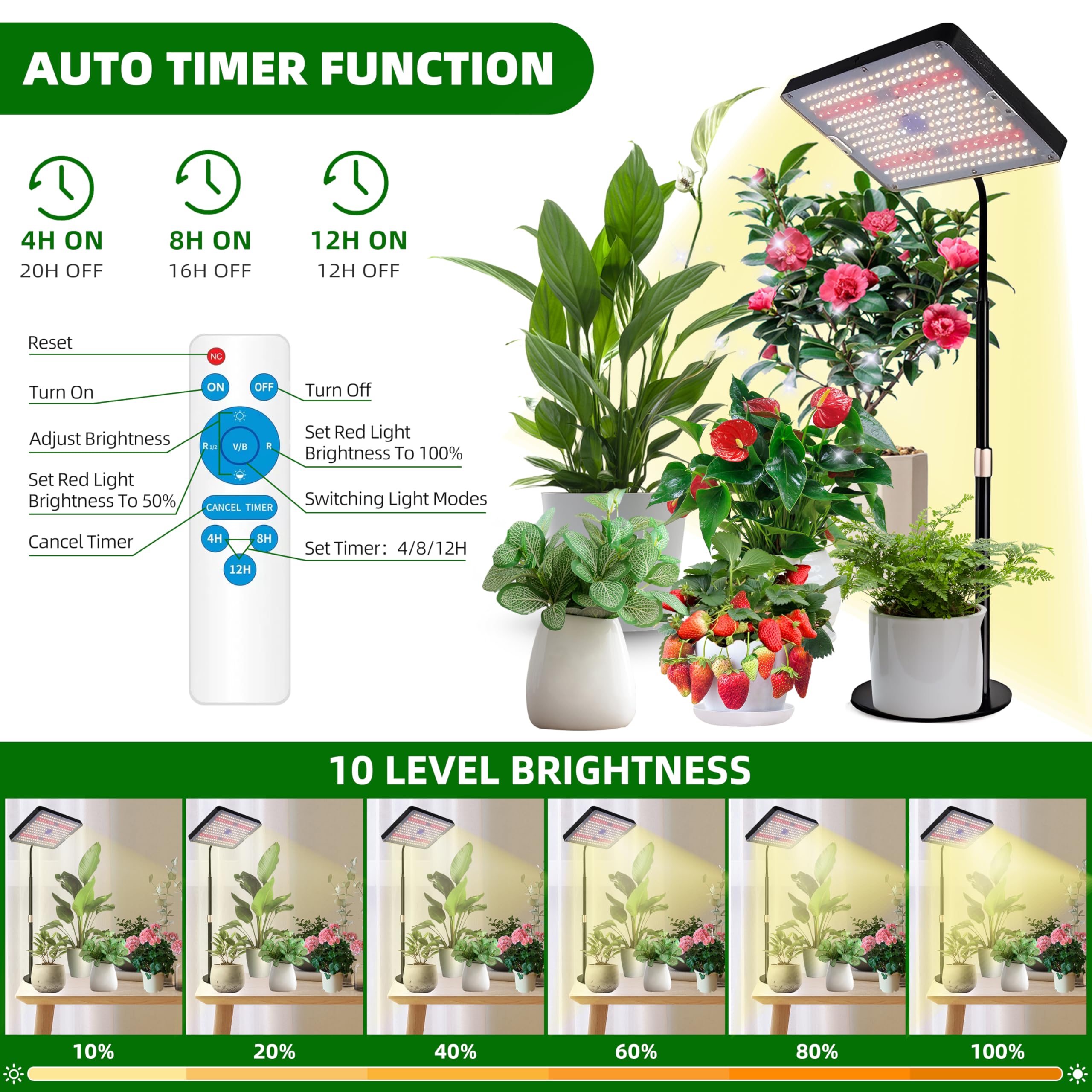 Lampada Per Piante, Lampada orticola a LED Regolabile in Altezza, Luce di Crescita a Spettro Completo con Timer Auto on/off 4/8/12H per Frutta Piccole Piante