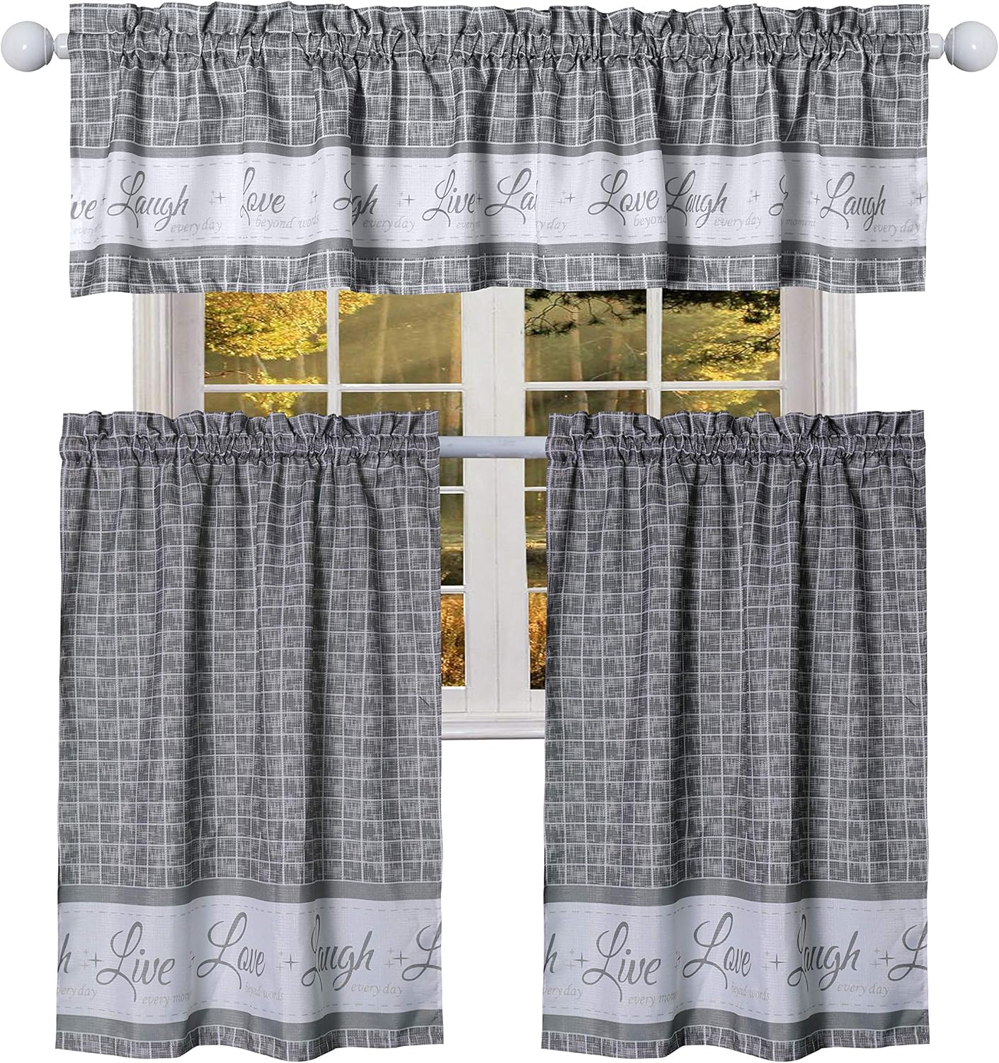 Country Gingham Check Live, Love, Laugh Window Curtain Tier Pair and Valance Set, Pair & Valance 58" x 36" (Grey, Tier Pair & Valance Set 58" x 36")