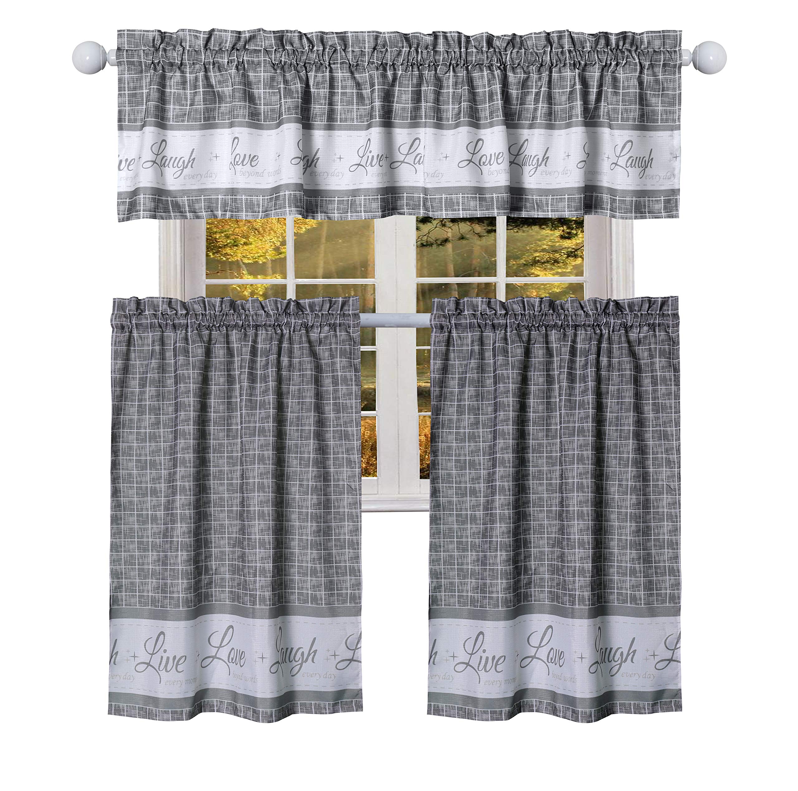 Seibeh Tex Country Gingham Check Live, Love, Laugh Window Curtain Tier Pair and Valance Set, Pair & Valance 58